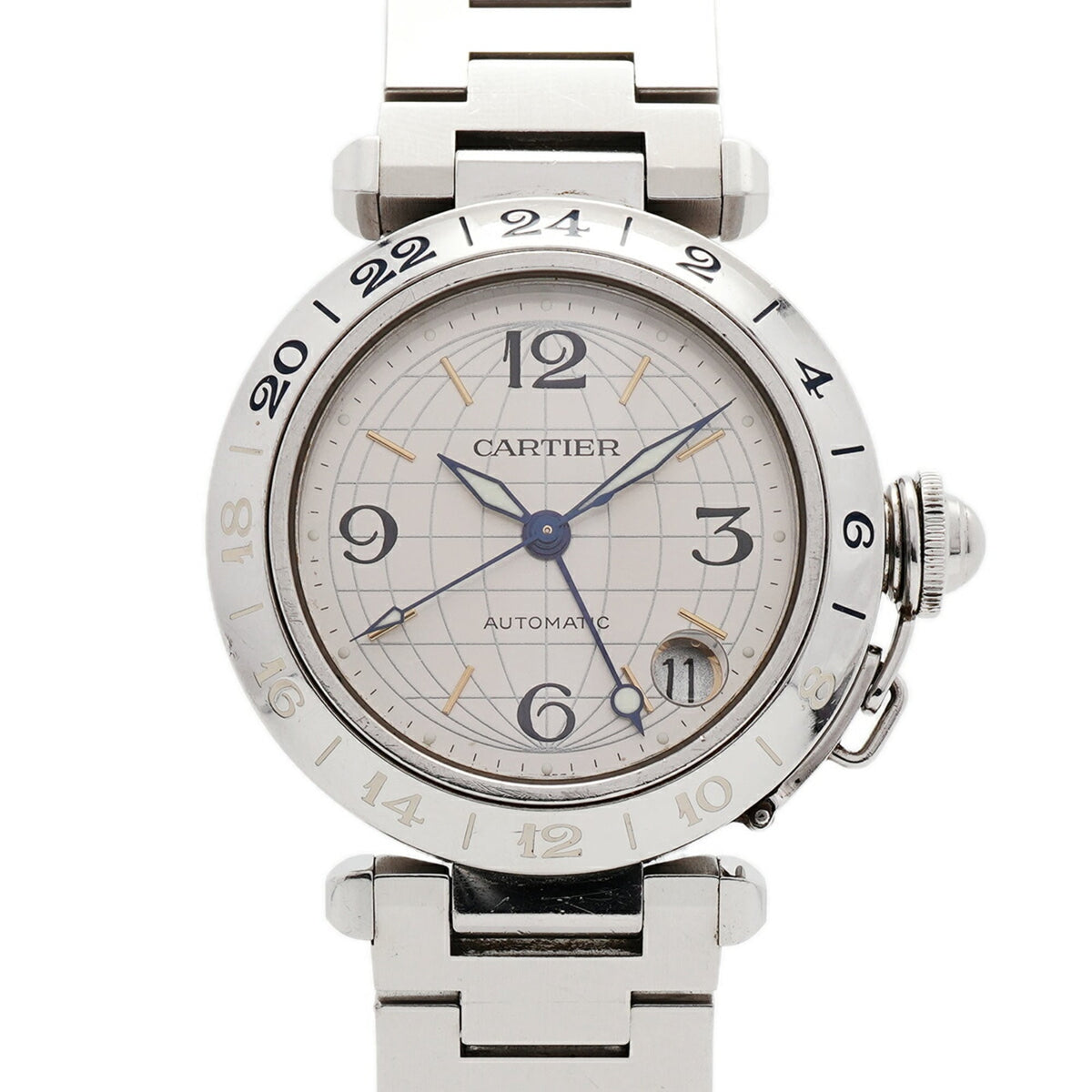 Montre Cartier Pasha C Meridian Gmt W31029M7, cadran argenté, 35 mm