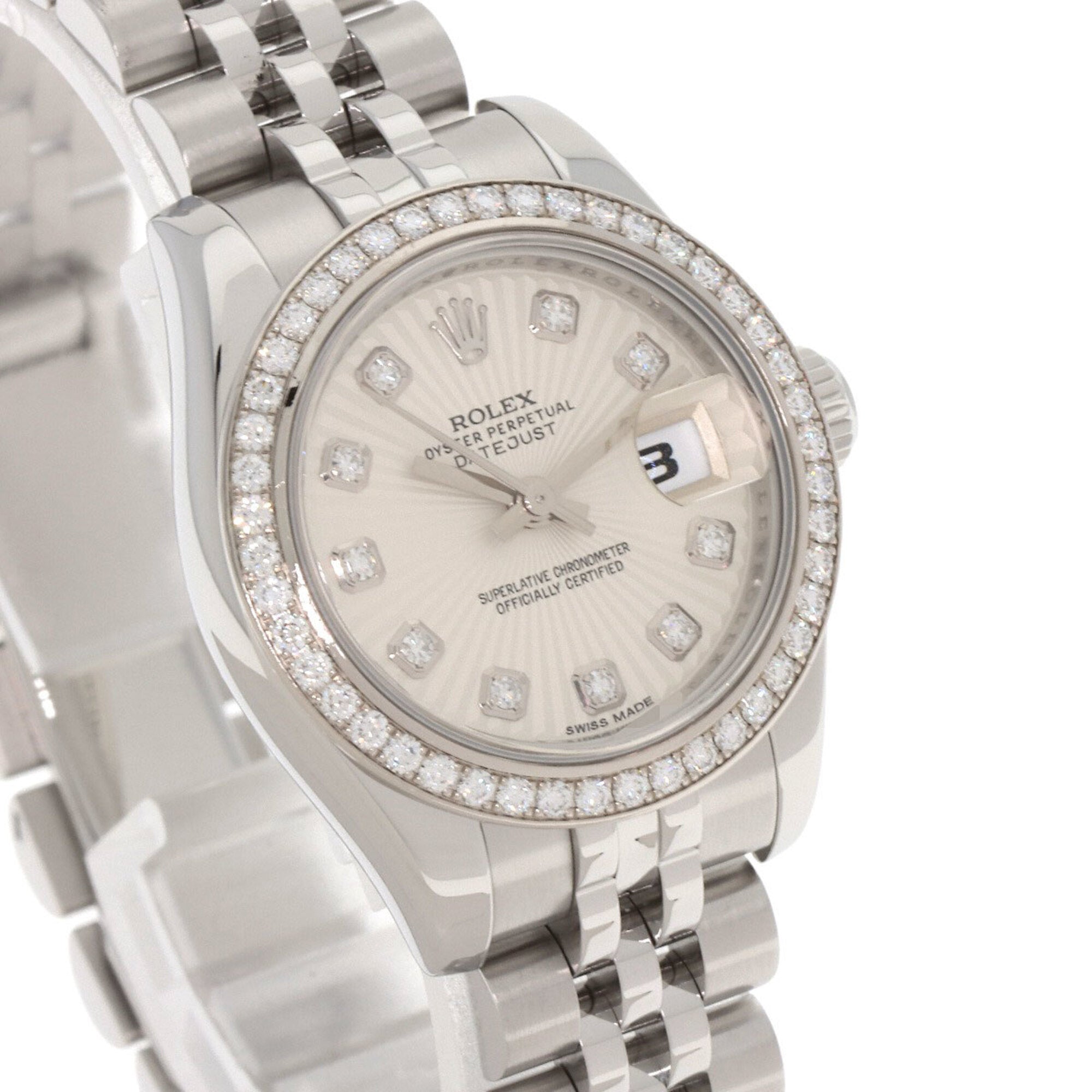 Rolex 179384G Datejust mit 10-teiliger Diamantlünette aus Edelstahl/SS/18 Karat Weißgold mit Diamanten, Damenuhr