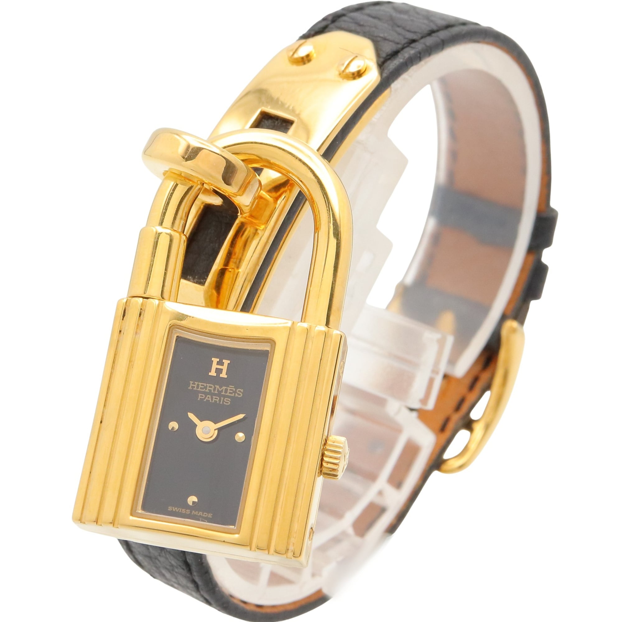 Hermes Kelly Watch, Gold Plated (GP), Leather Strap, Women's, Black, KE1.201