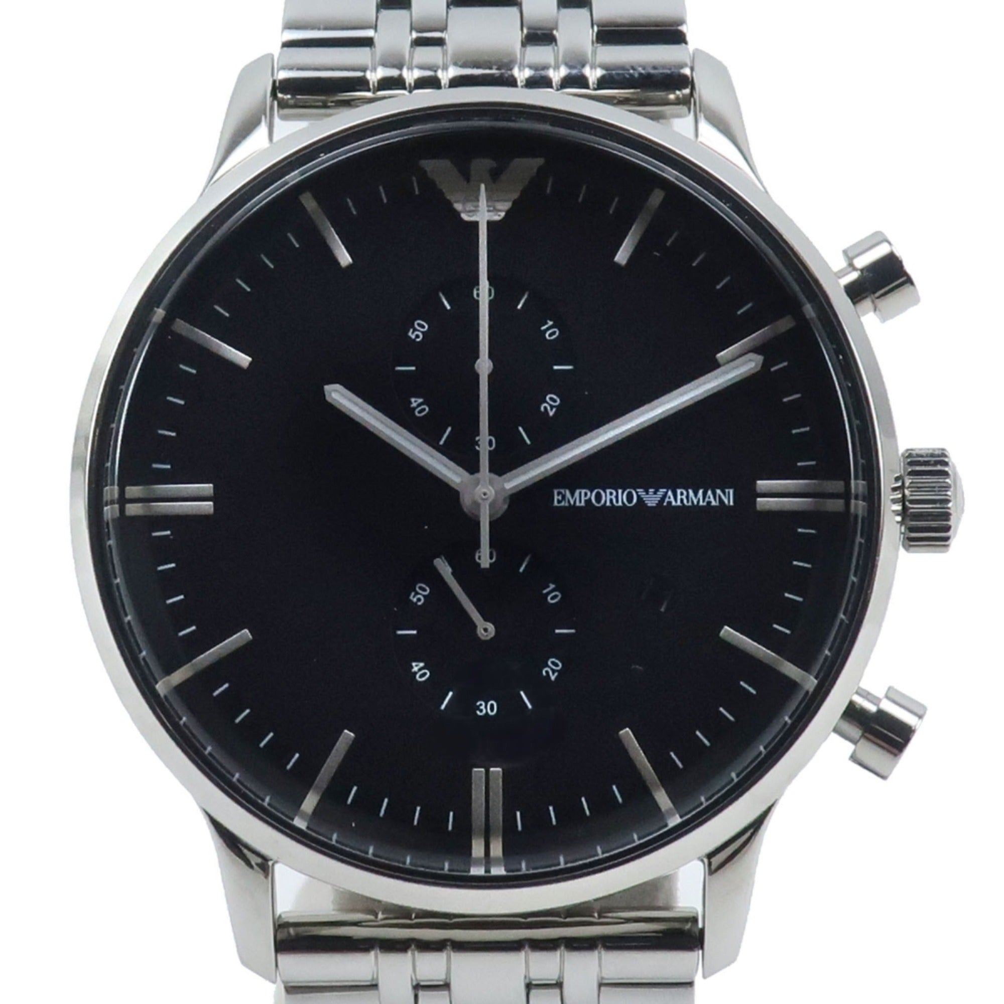 Emporio Armani AR0389 Stainless Steel Silver Quartz Chronograph Men's Watch with Black Dial