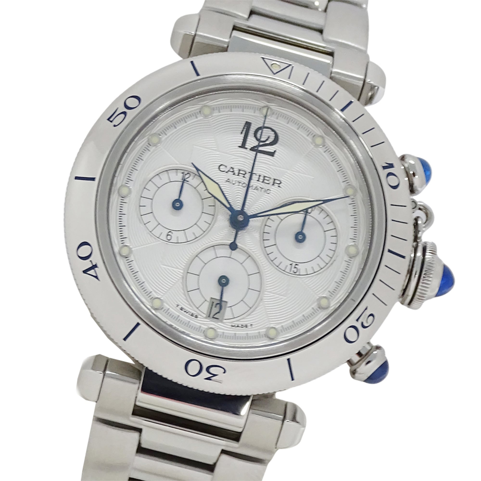 Cartier Pasha Chronograph Automatic Watch for Men, Stainless Steel (SS) W31030H3, Silver, with Open Caseback.