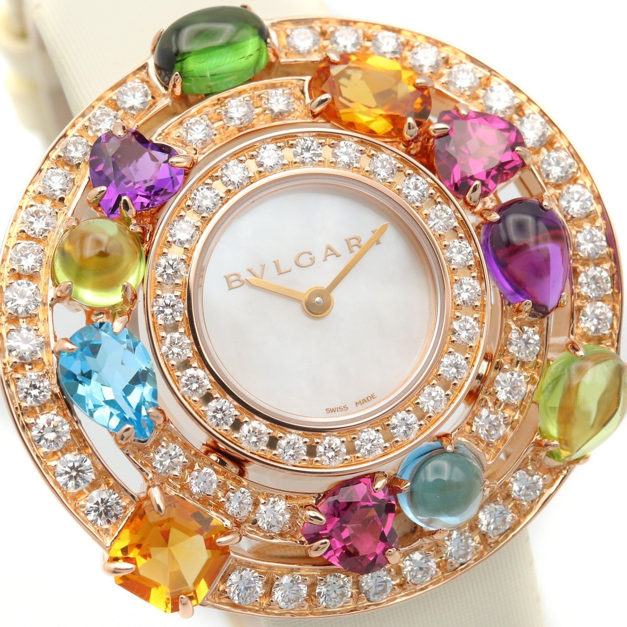 Montre Bulgari BVLGARI Astrale Cerchi avec diamants et pierres de couleur, or Rose 18 carats (PG), diamants, bracelet en cuir, pour femme, Blanc, boîtier Blanc, AEP36G