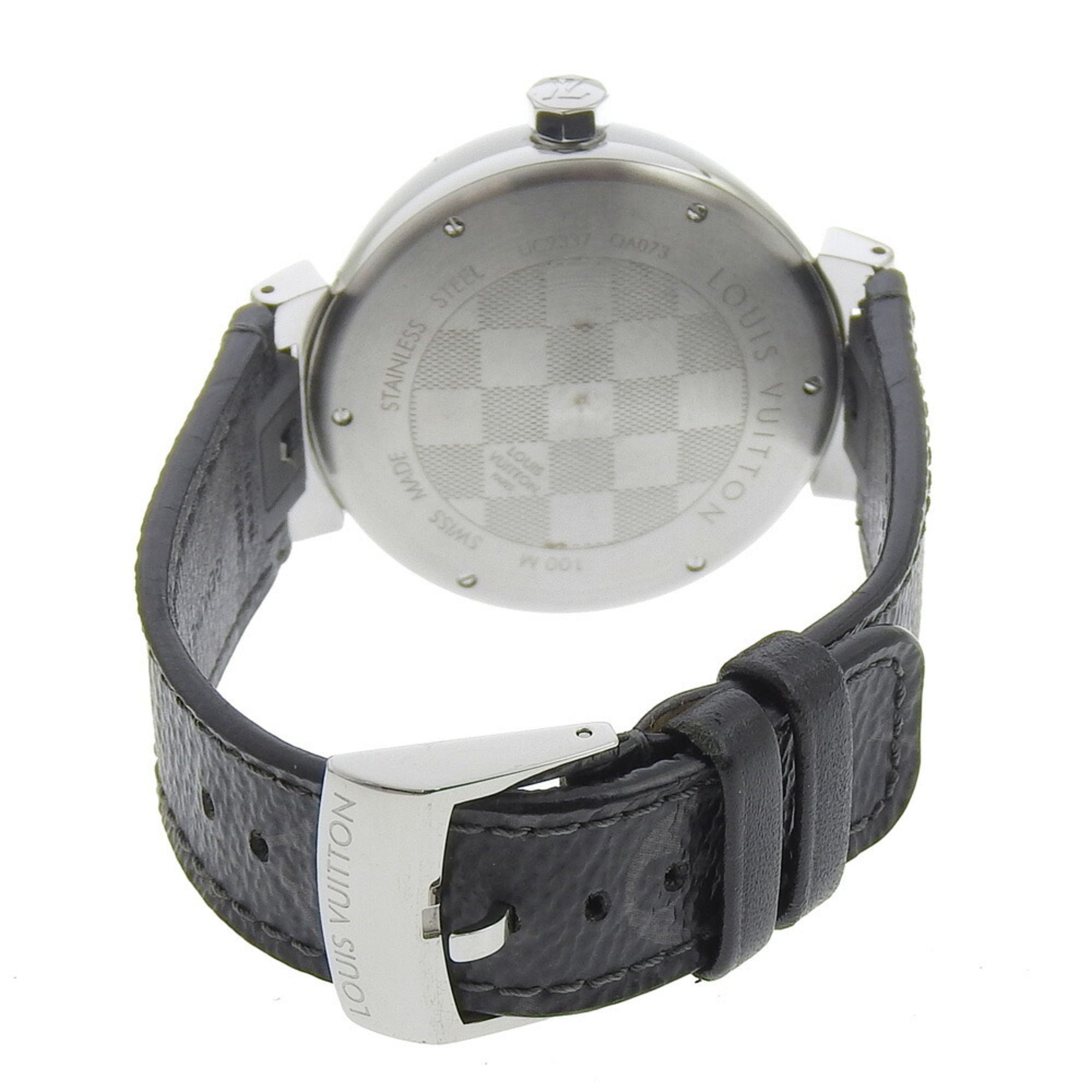 Louis Vuitton Tambour GM-horloge QA073, roestvrij staal x Monogram Eclipse-canvas, quartz, analoge wijzerplaat, zwarte wijzerplaat, herenhorloge