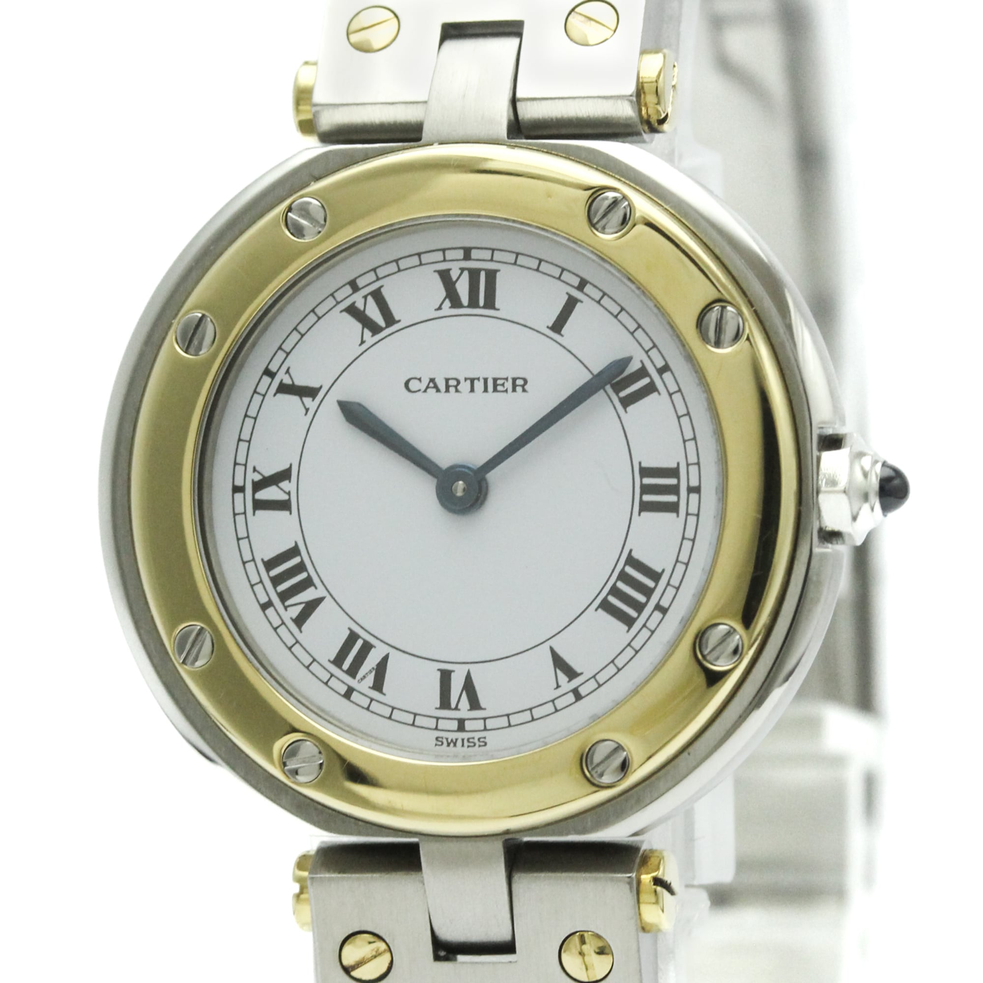 CARTIER Santos Round 18K Gold Steel Quartz Ladies Watch Polished