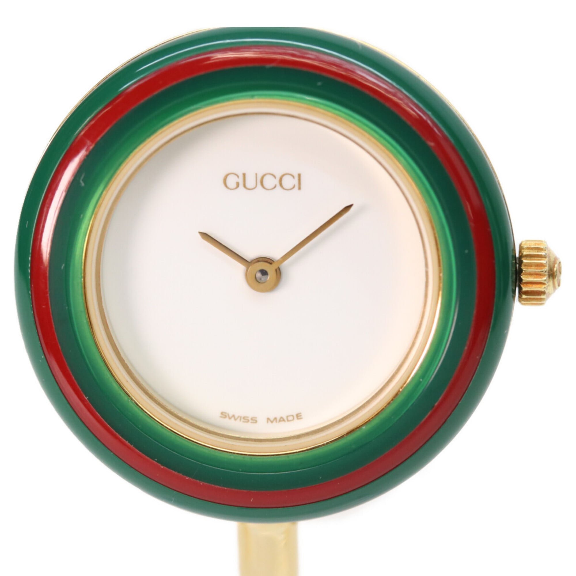 GUCCI 1100L 11 12.2 Horloge met verwisselbare rand, middelgroot, quartz, goud, witte wijzerplaat, dameshorloge