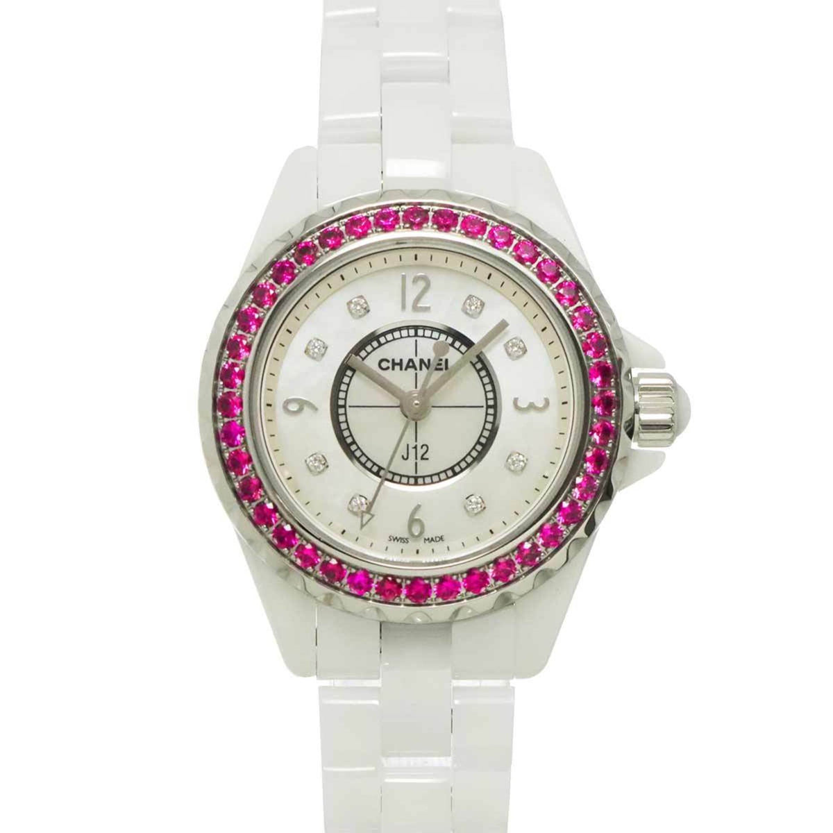 Chanel J12 29mm H3243 Wo Pink Sapphire Bezel 8 Diamonds White Shell Ce