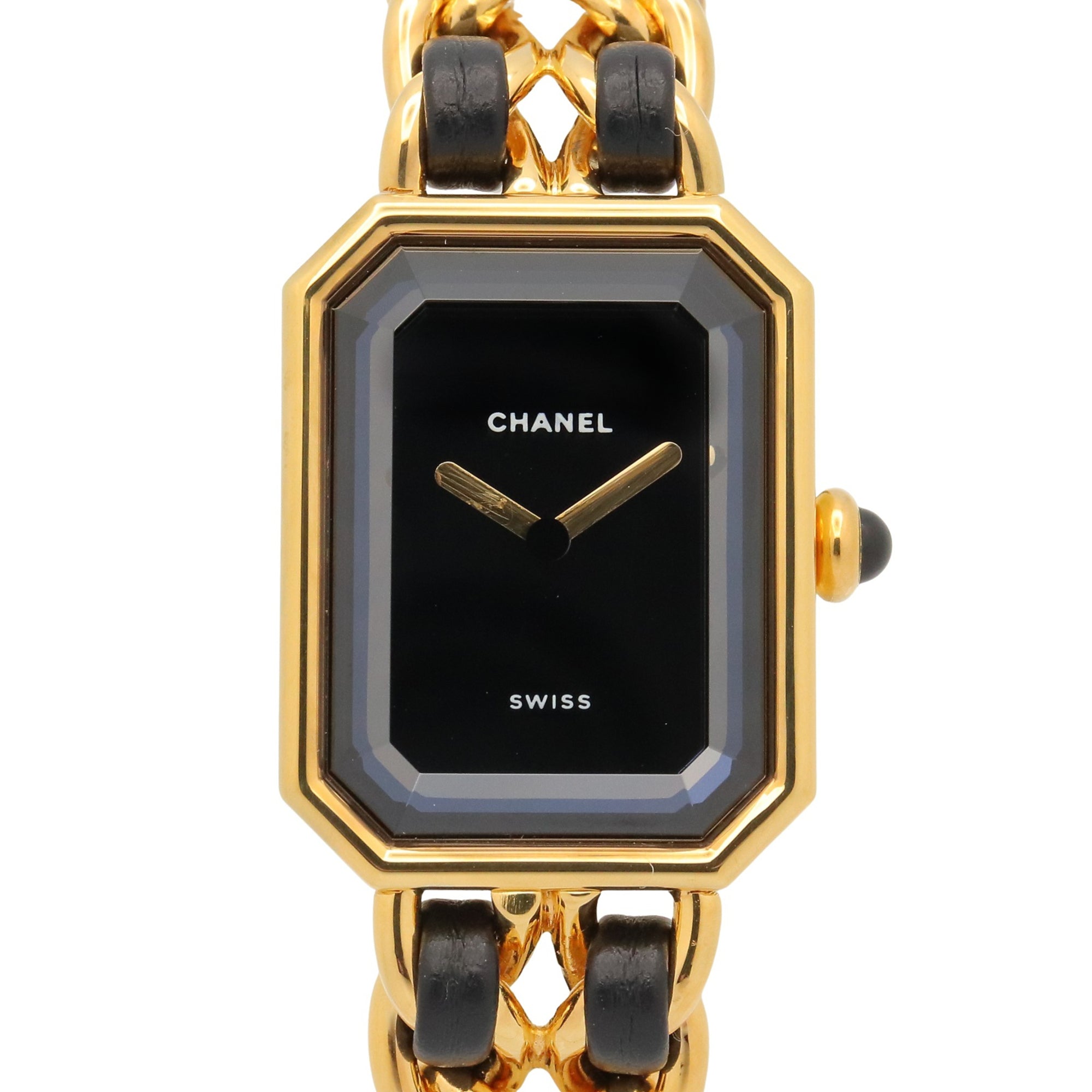 Chanel CHANEL Première S Watch, Gold Plated (GP), Leather Strap, Women's, Black, H0001