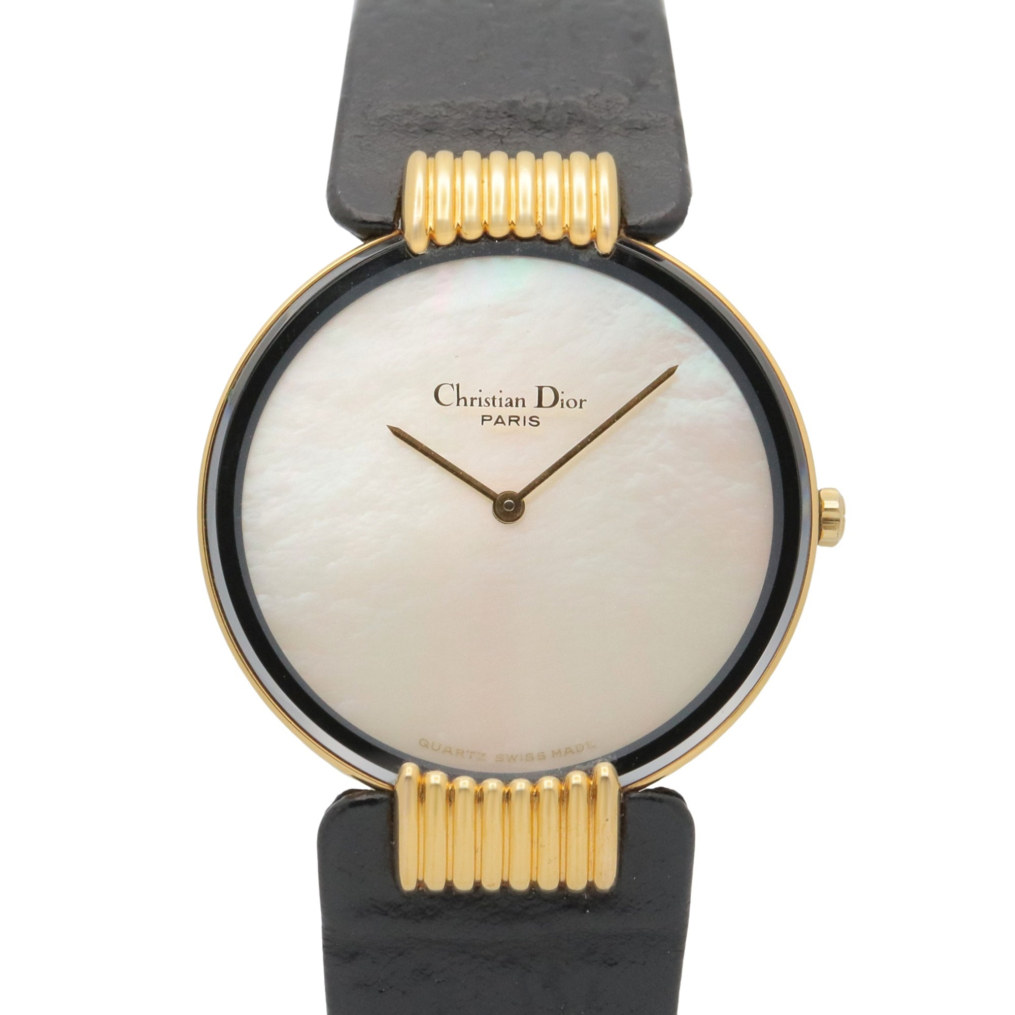 Christian Dior Dior Baghira watch, gold-plated (GP), leather strap, women's, white with shell case, L47.153.3