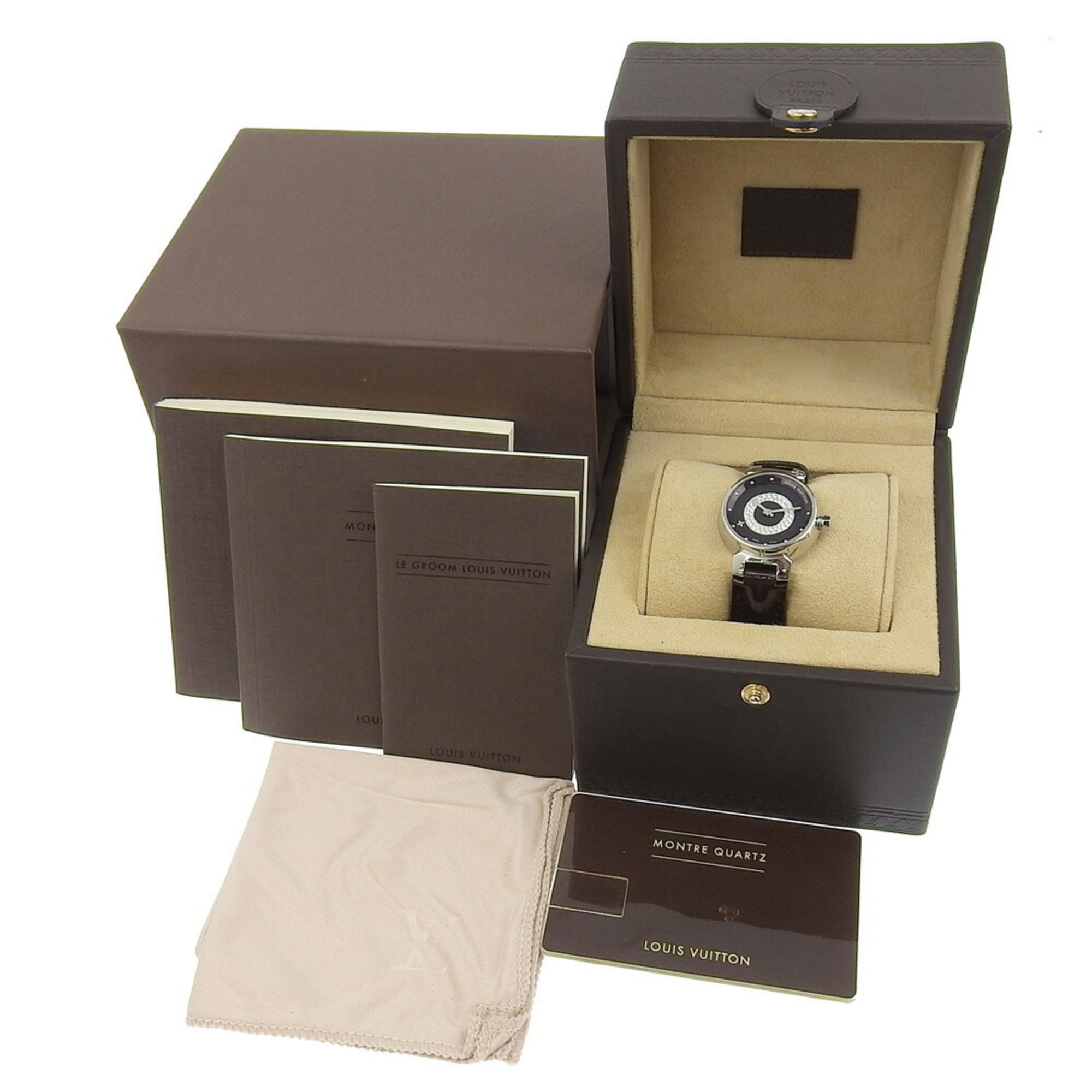 Louis Vuitton Tambour Uhr „Disc Diamant Amarante“ Q121U, Edelstahl x Monogram Vernis, DiamantQuarz analoge Anzeige, amarantfarbenes Zifferblatt, Damenuhr