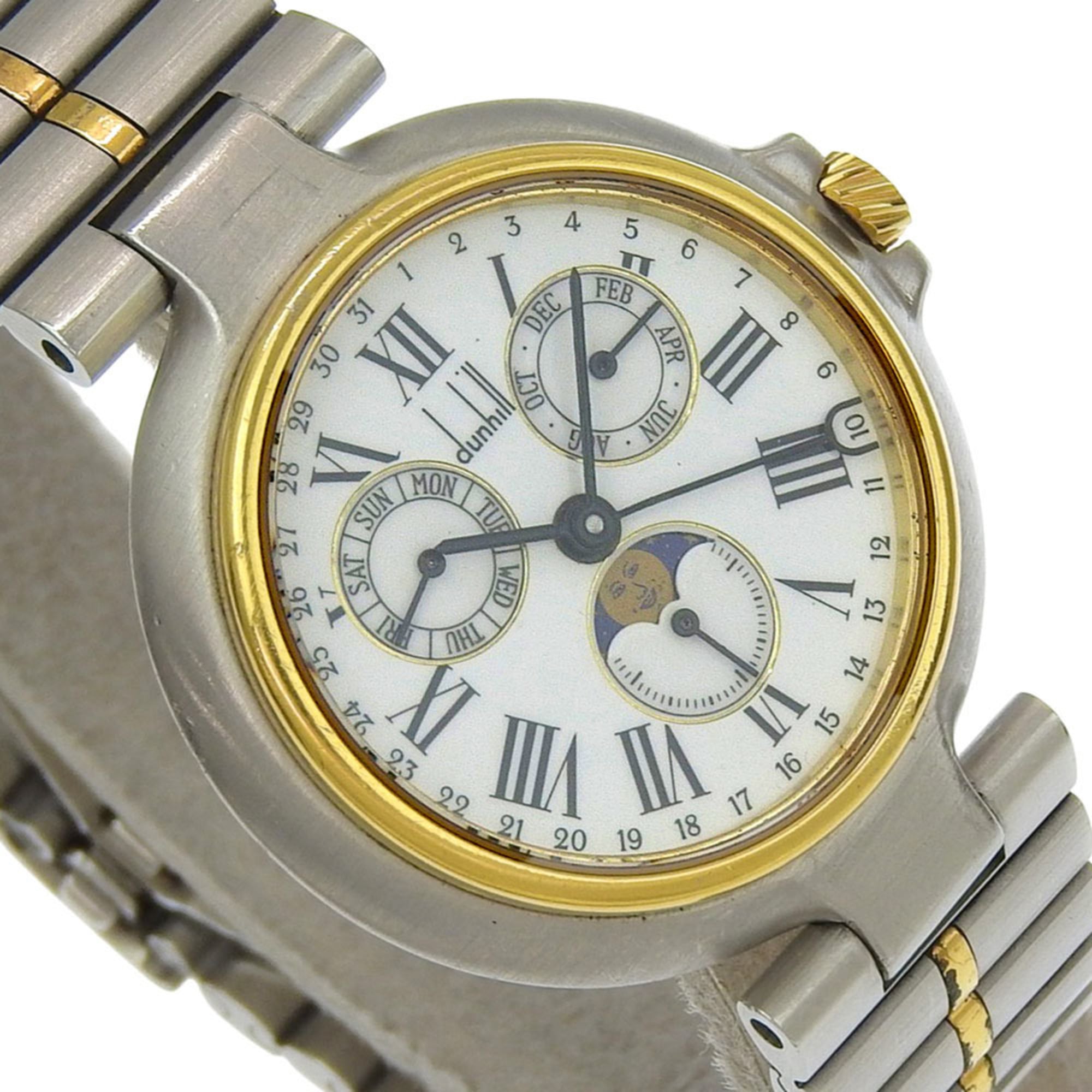 Dunhill Millennium-horloge, maanfase, roestvrij staal met verguld afwerking, quartz, analoog met meerdere wijzers, witte wijzerplaat, herenmaat