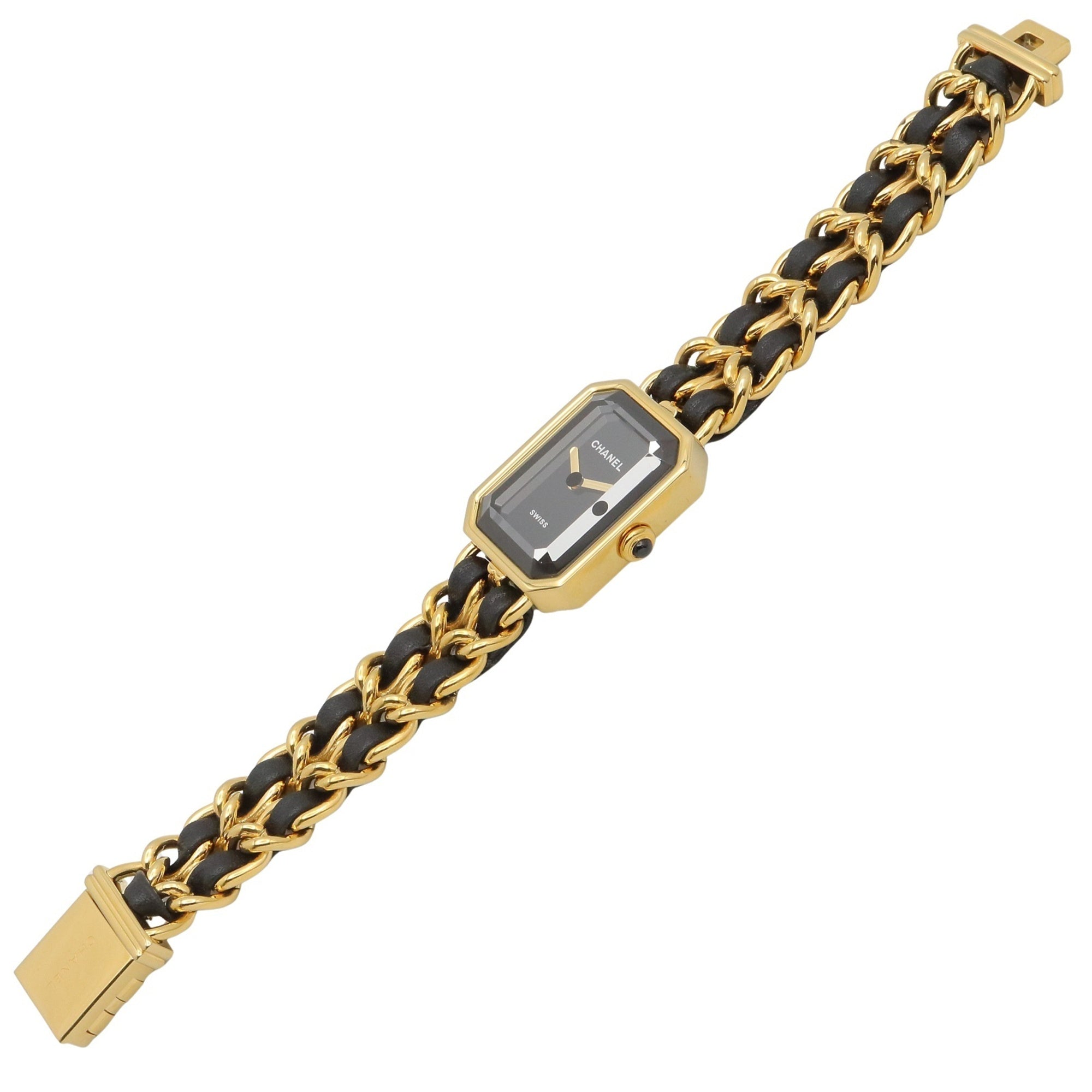 Montre Chanel Première Original Edition M, bracelet en cuir plaqué or, pour femme, Noir, H6951