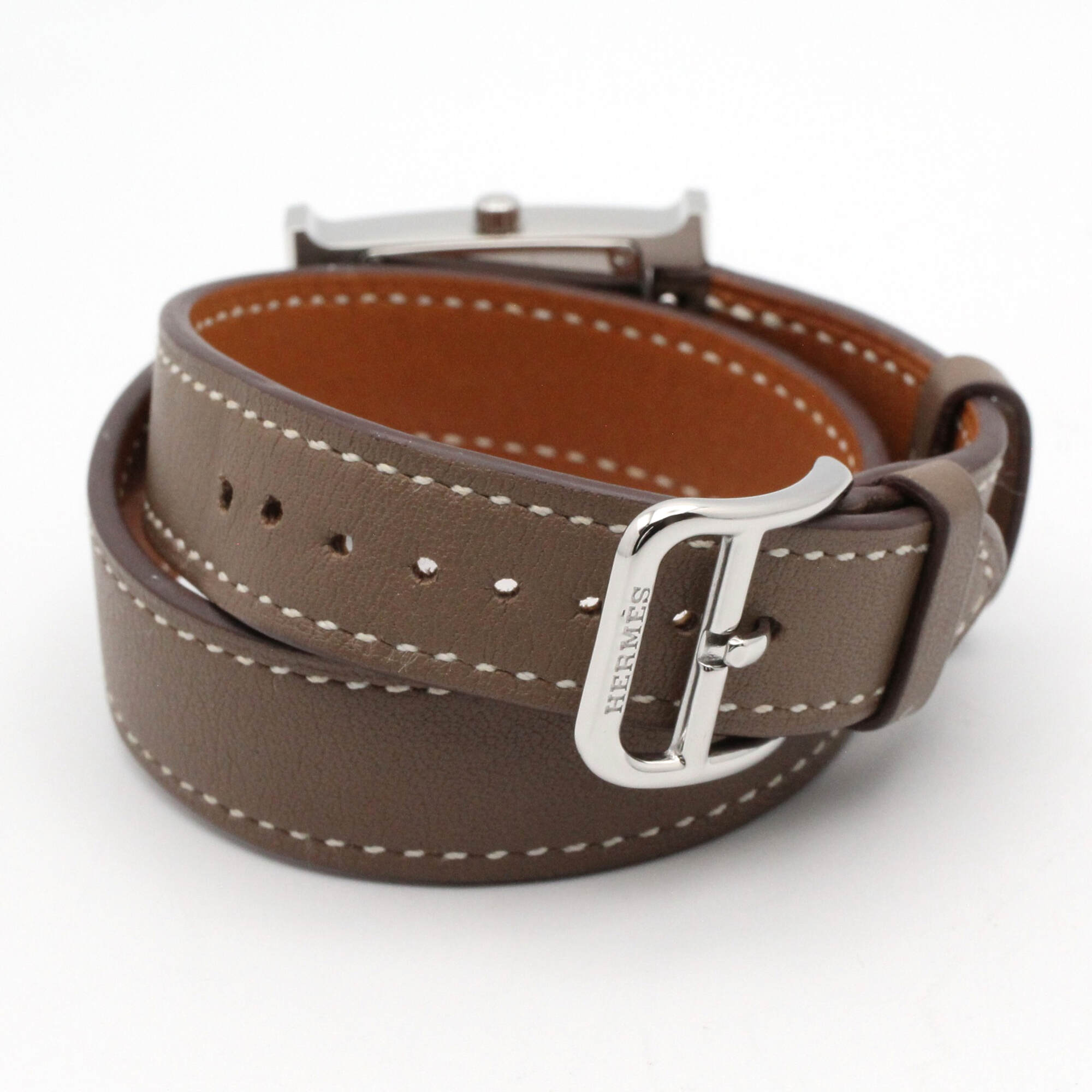 Hermes H- Double Tour Wrist Stainless Steel Leather Strap Wo White (HH1.210)