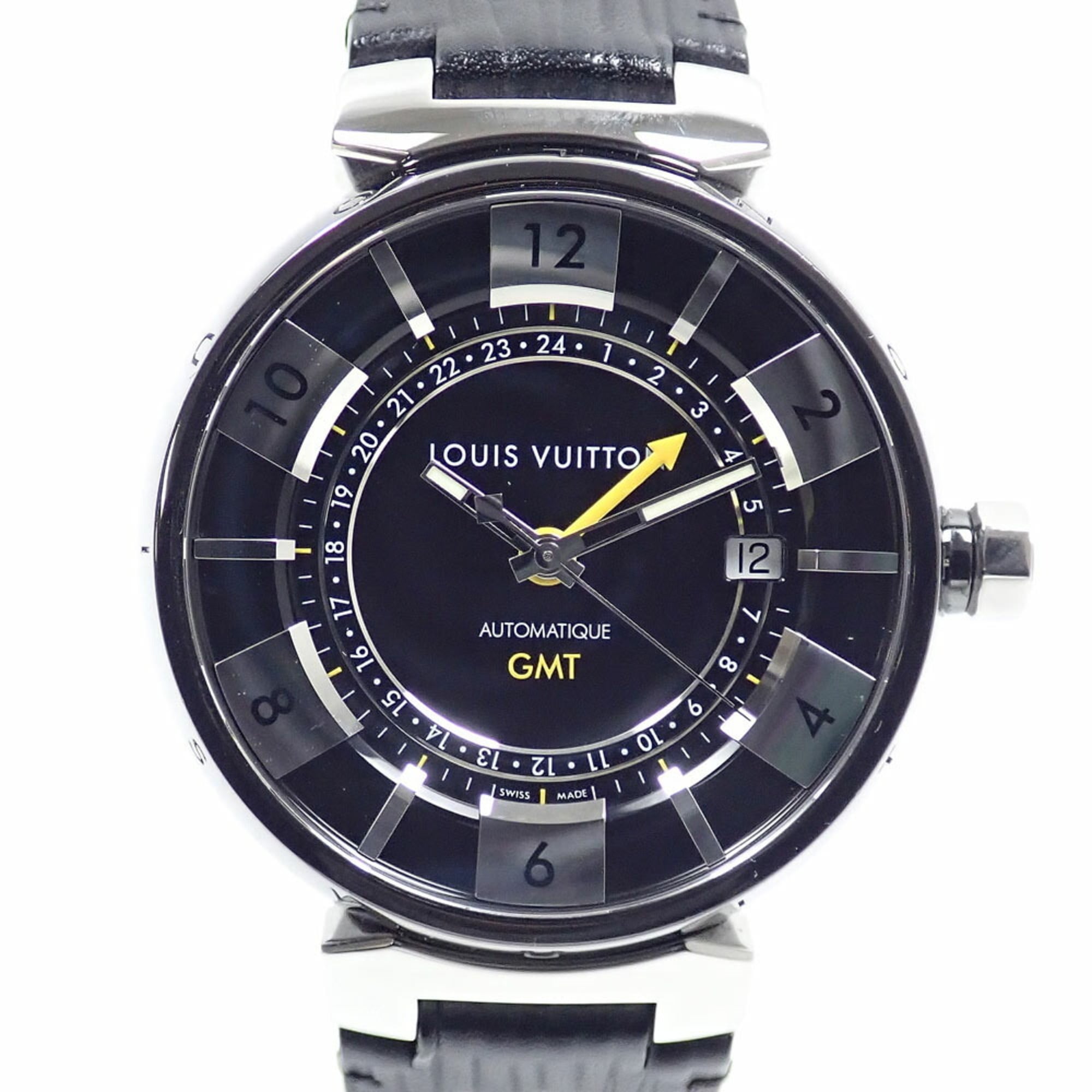 Louis Vuitton Tambour GMT Men's Automatic Watch, Stainless Steel, Leather Strap, Q113K, Winding, A4045545