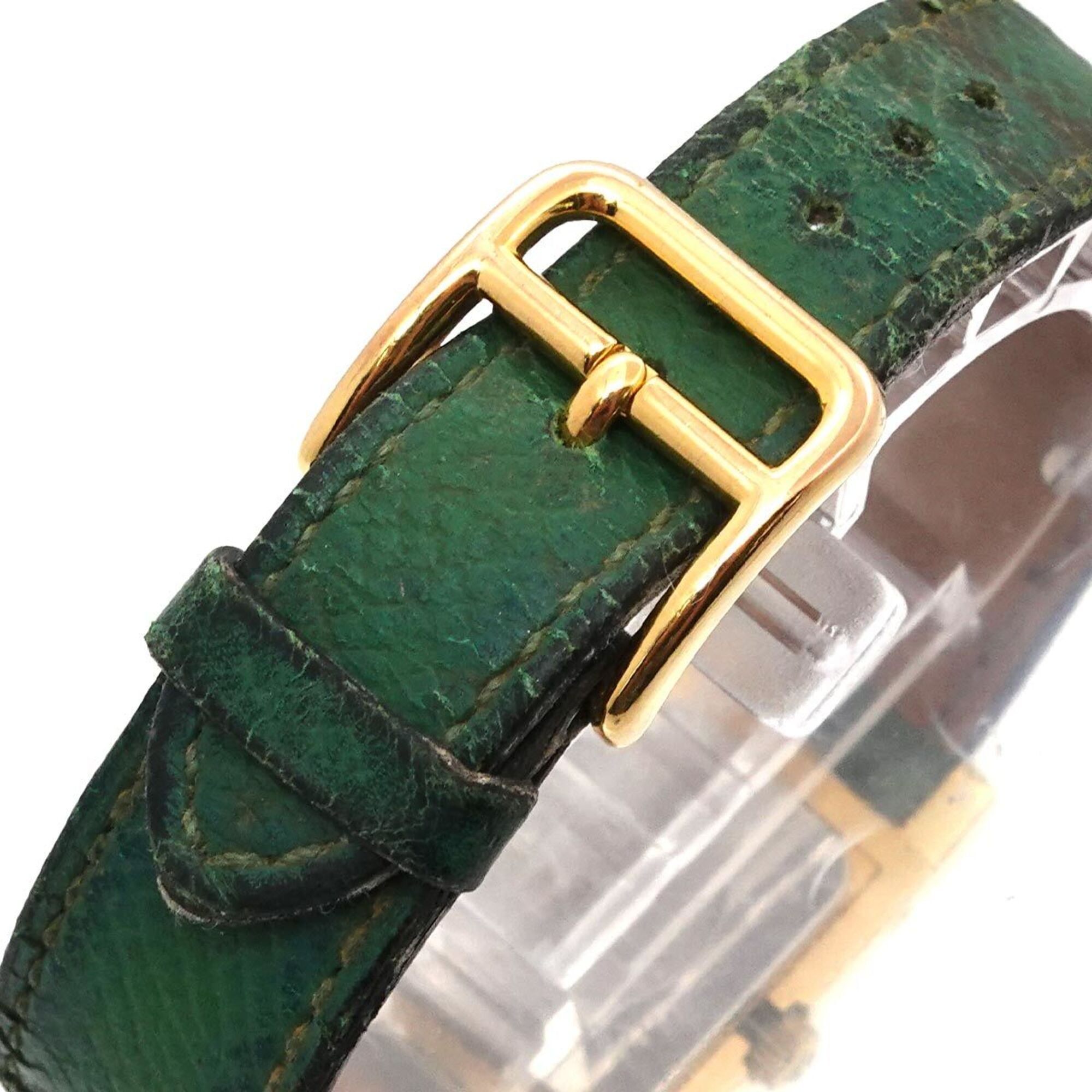 Hermes Medor Women's Watch, Pyramid Design, Gold Studs, White and Green Leather Strap, Quartz Movement.
