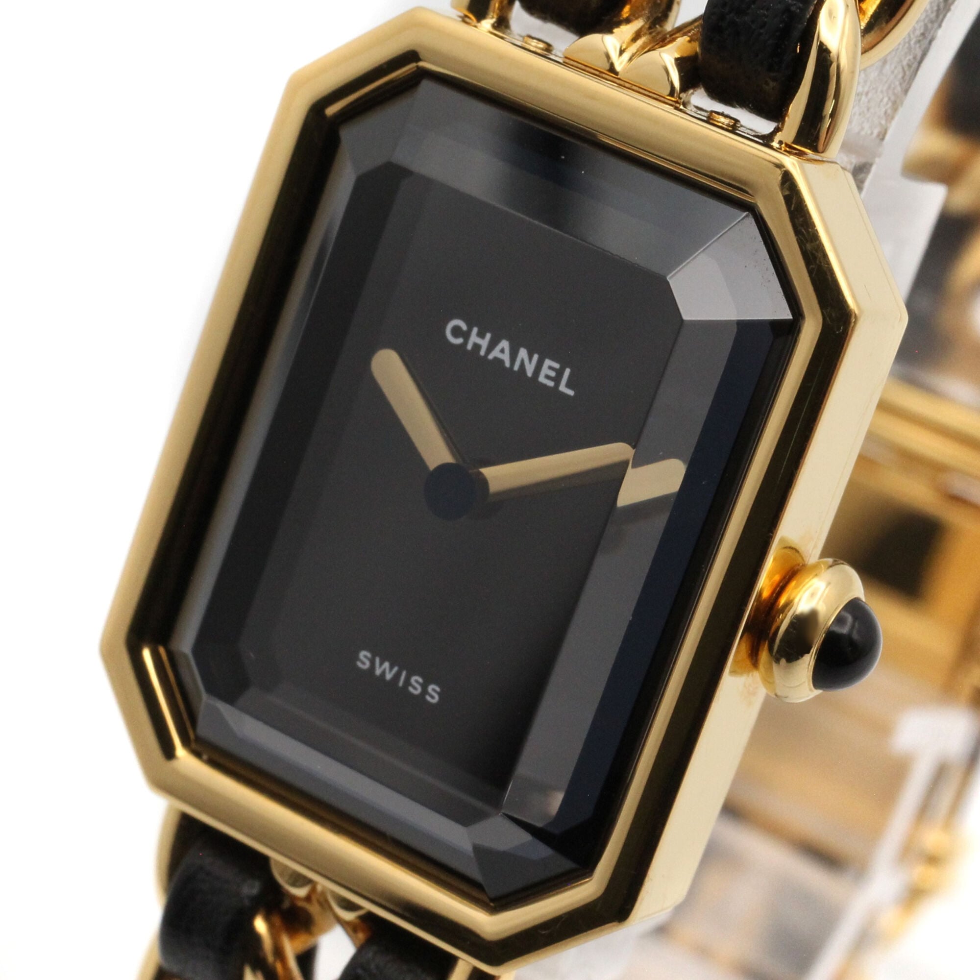 Chanel CHANEL Première L Gold Plated (GP) Leather Strap Wo Black H0001
