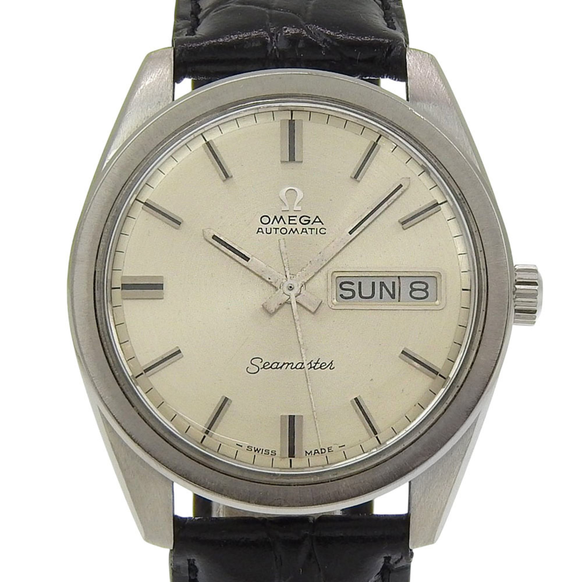 Omega Seamaster Day Date watch, cal. 752, stainless steel with embossed leather strap, automatic movement, analog, silver dial, men's.