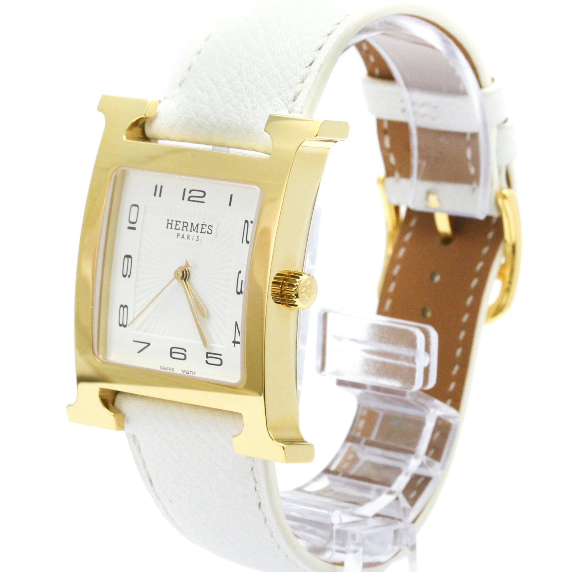 HERMES H Watch Gold Plated Leather Quartz Mens Watch HH1.801