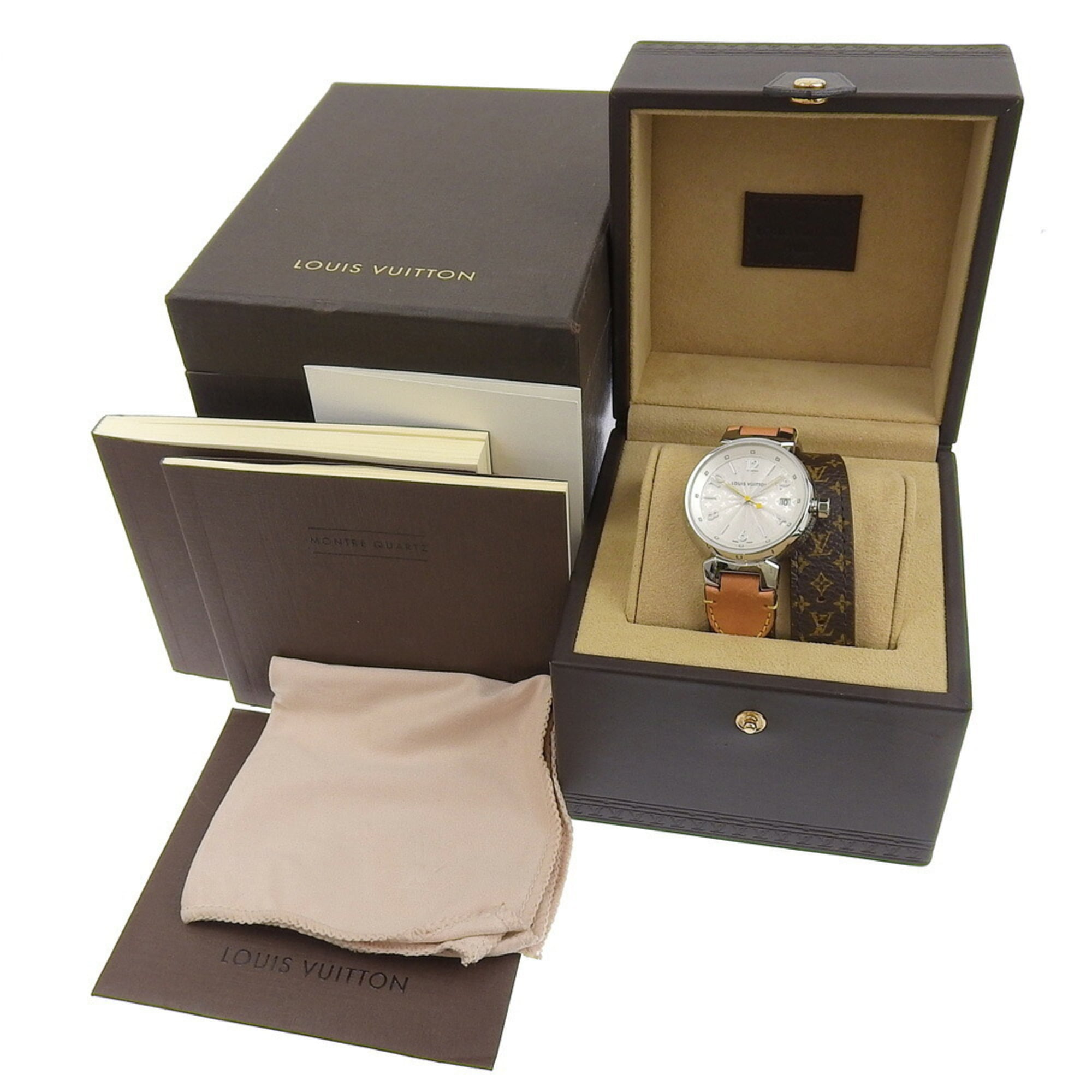 Louis Vuitton Tambour-horloge Q1313, roestvrij staal x Monogram-canvas, quartz, analoog display, witte wijzerplaat, damesmodel