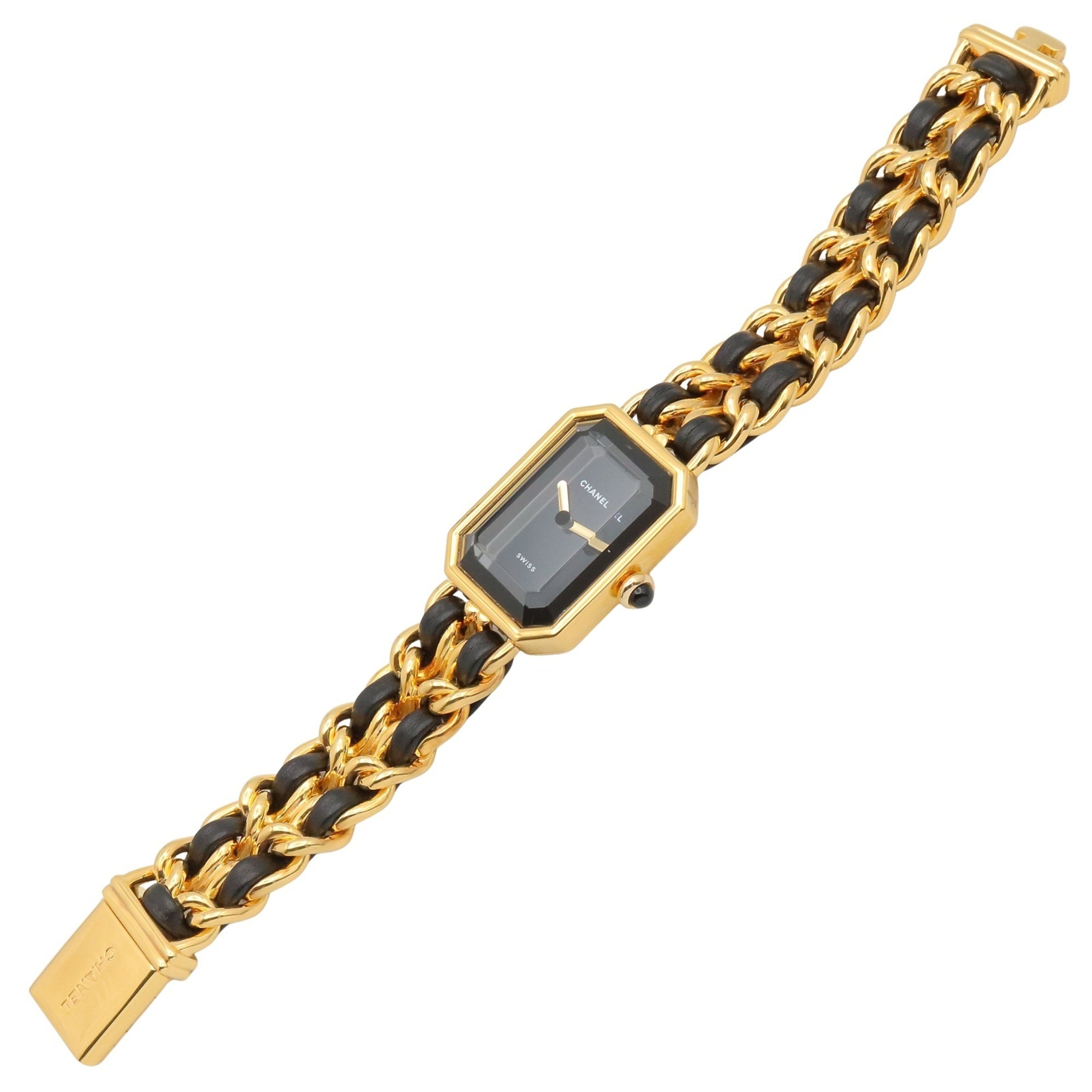 Montre Chanel CHANEL Première S, plaquée or (GP), bracelet en cuir, pour femme, Noir, H0001