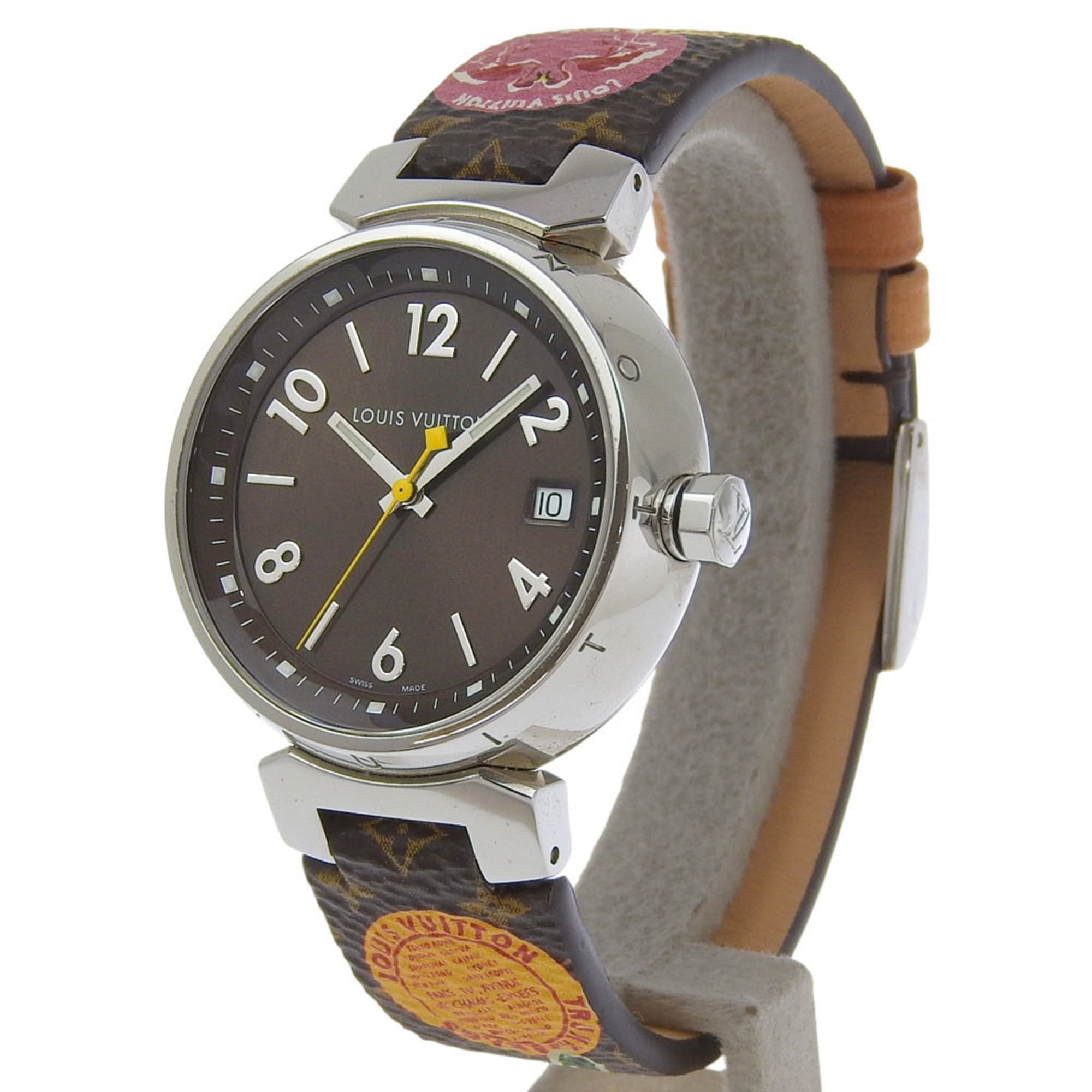 Louis Vuitton Tambour Watch Q1311, Stainless Steel and Leather Quartz Movement, Analog Display, Brown Dial, Unisex