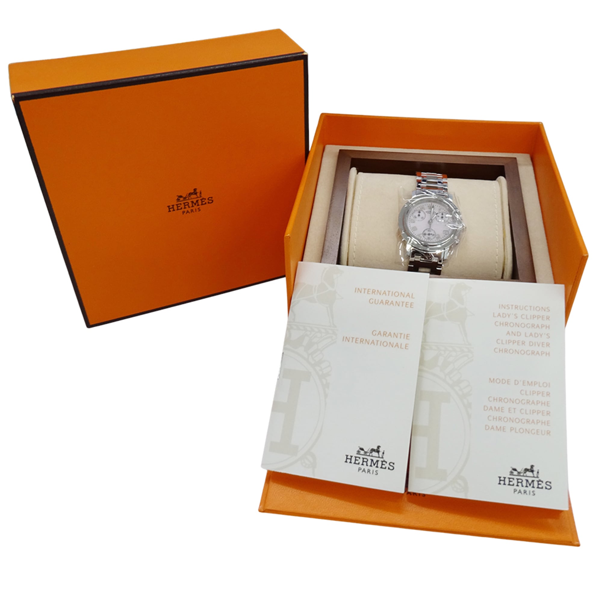 Hermes HERMES Women's Watch, Clipper Chronograph, Pink Shell, Quartz, Stainless Steel (SS), CL1.310, Silver