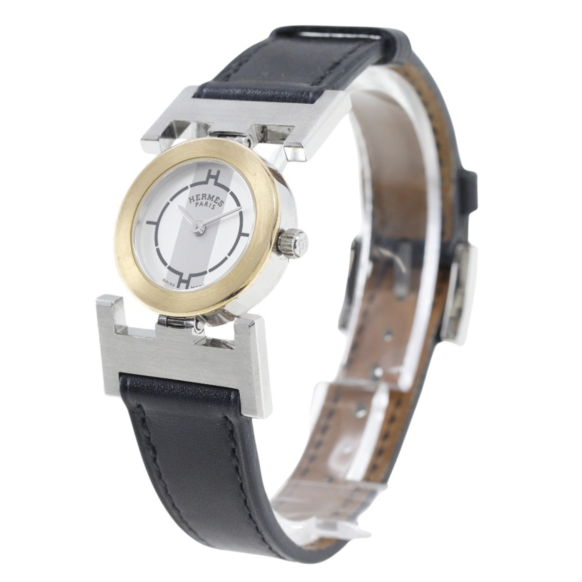 Hermes HERMES Paprika Watch PA1.220 Stainless Steel x Leather 2002 â–¡F Quartz Analog Display White Dial Ladies