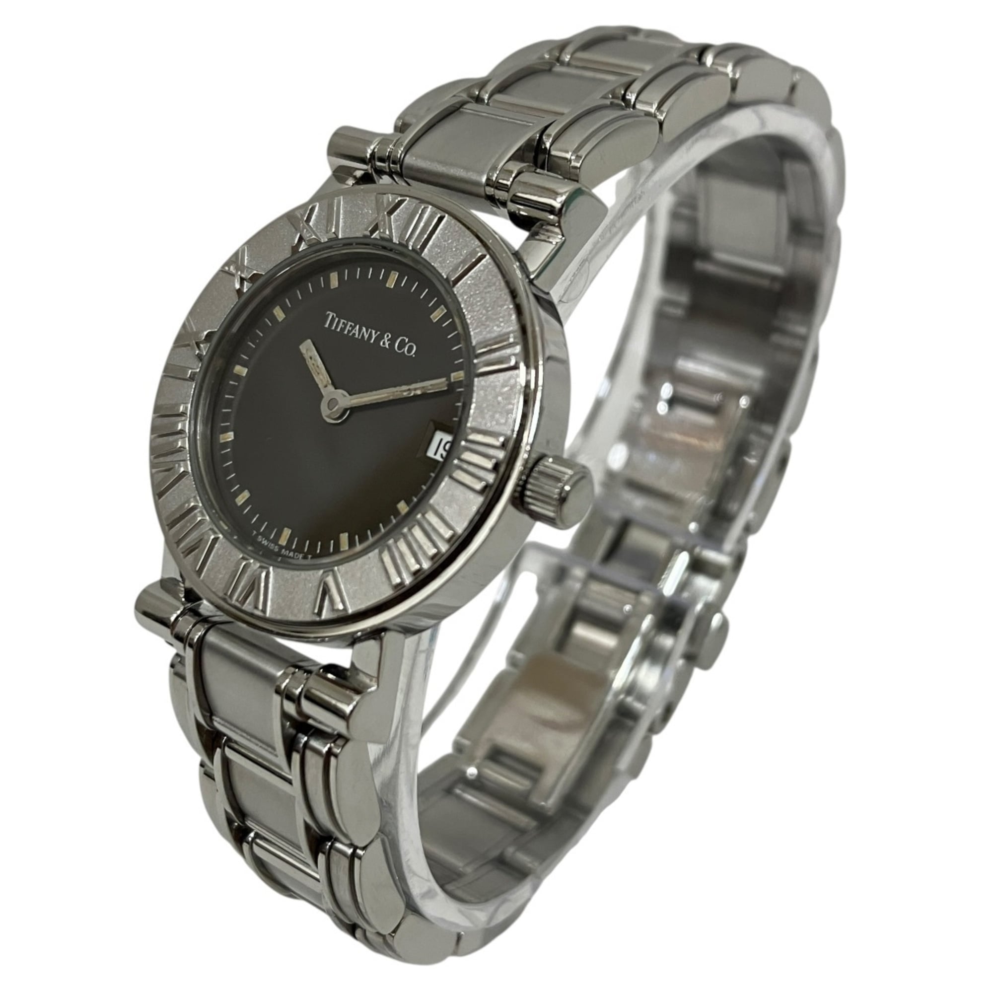 Tiffany & Co. Atlas watch, total weight 53.5g, stainless steel, quartz movement, black dial.