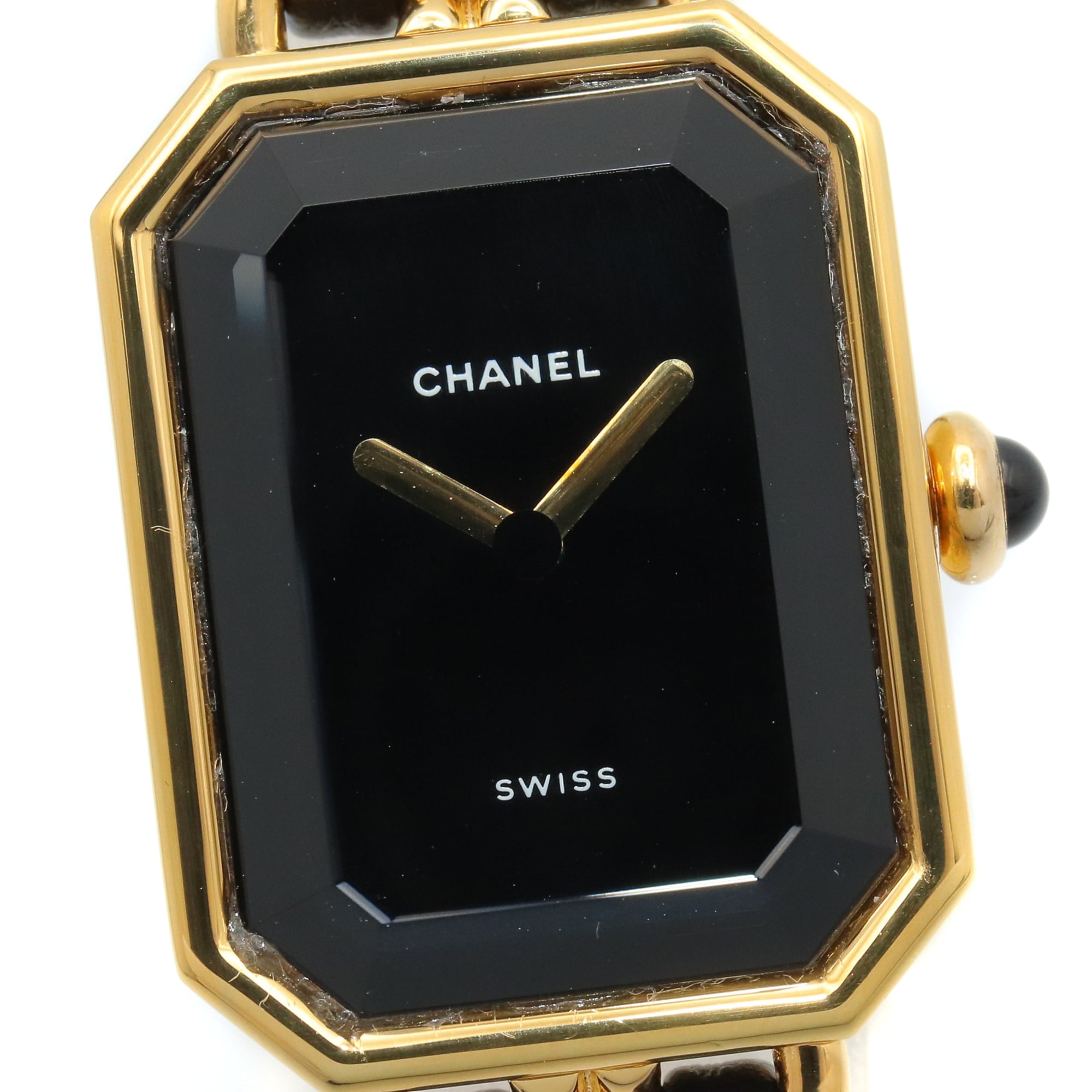 Montre Chanel CHANEL Première S, plaquée or (GP), bracelet en cuir, pour femme, Noir, H0001