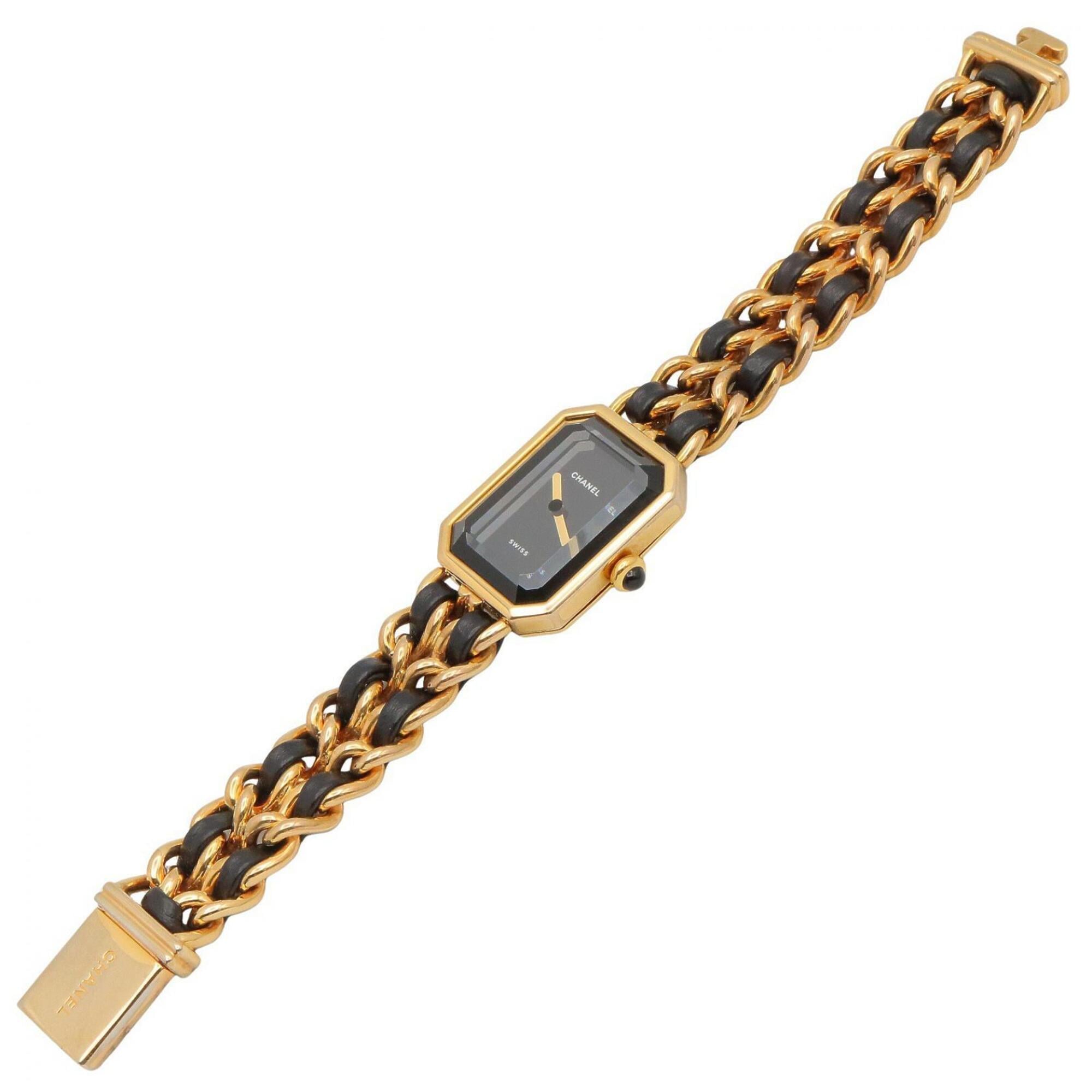Chanel CHANEL Première S Watch, Gold Plated (GP), Leather Strap, Women's, Black, H0001