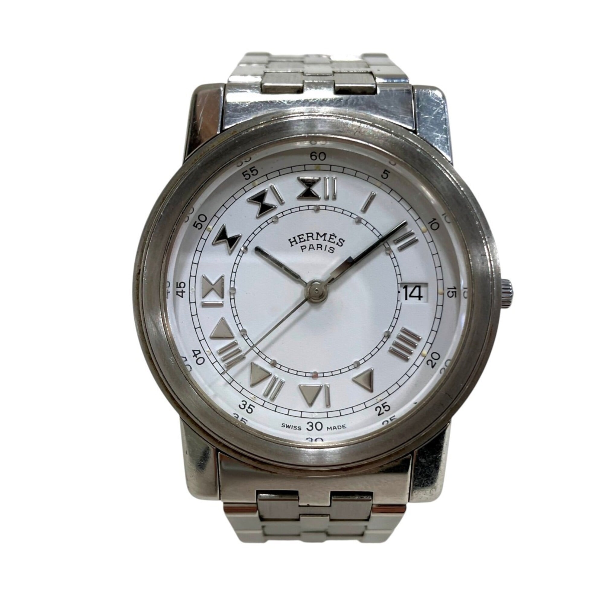 Hermes Carrick watch, total weight 76.4g, stainless steel, quartz movement, white dial.