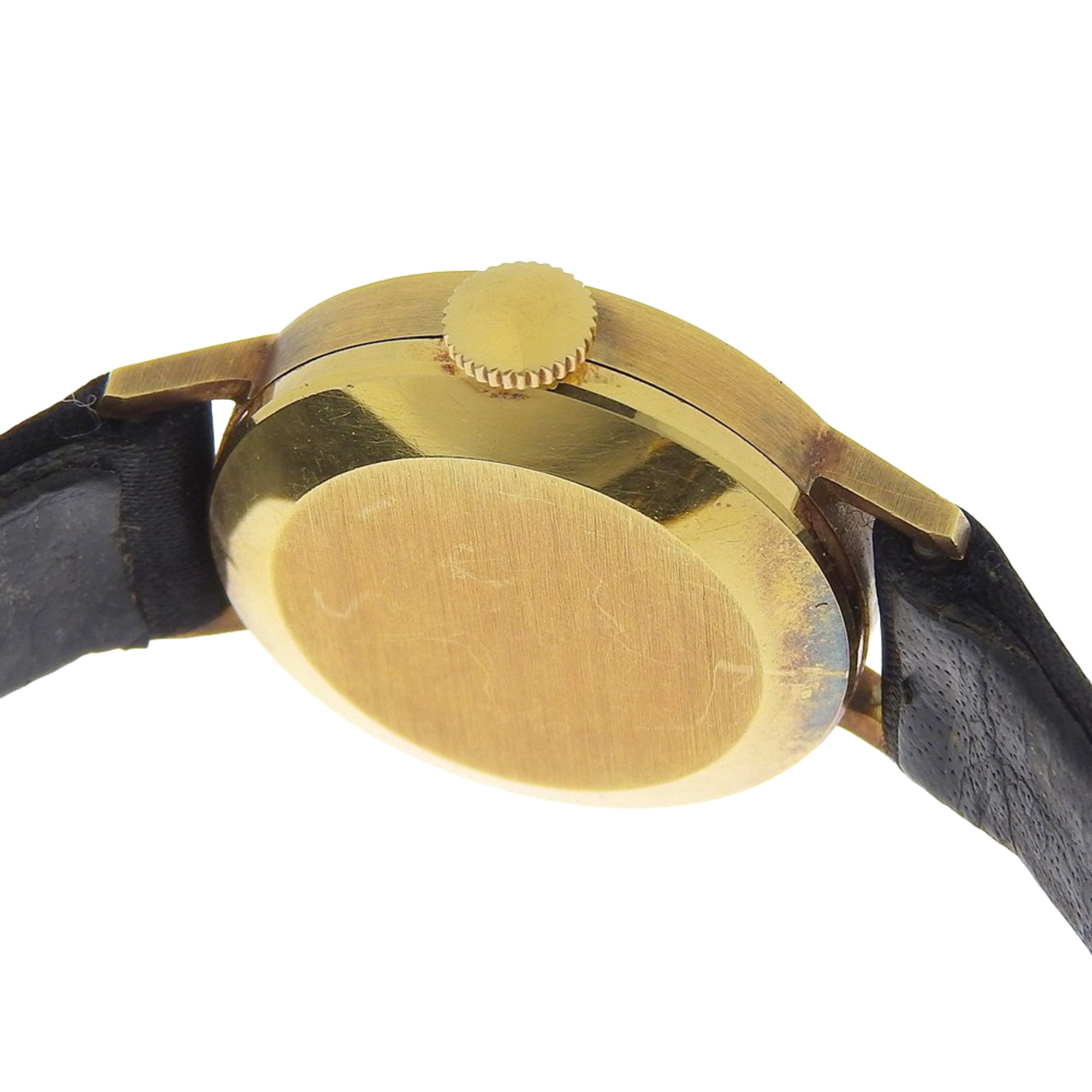 International Watch Company (IWC) vintage horloge, kaliber 41, 18-karaats geelgoud met leren band, handopwinding, analoge wijzerplaat, zilveren wijzerplaat, damesmodel.