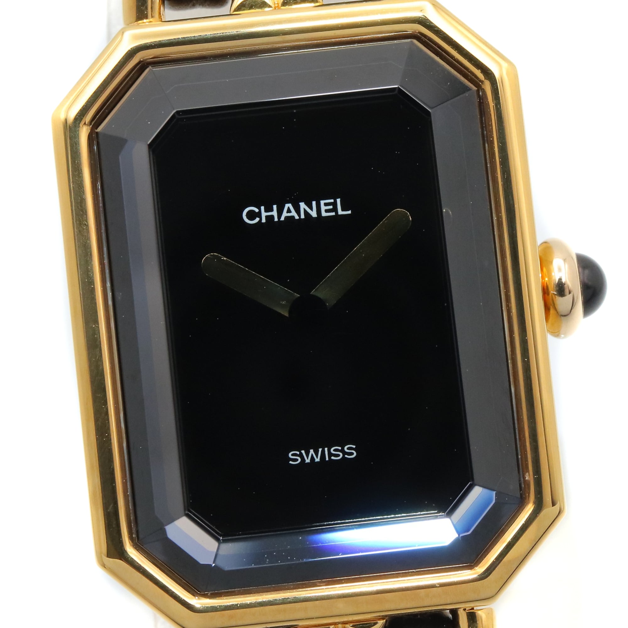 Montre Chanel CHANEL Première S, plaquée or (GP), bracelet en cuir, pour femme, Noir, H0001