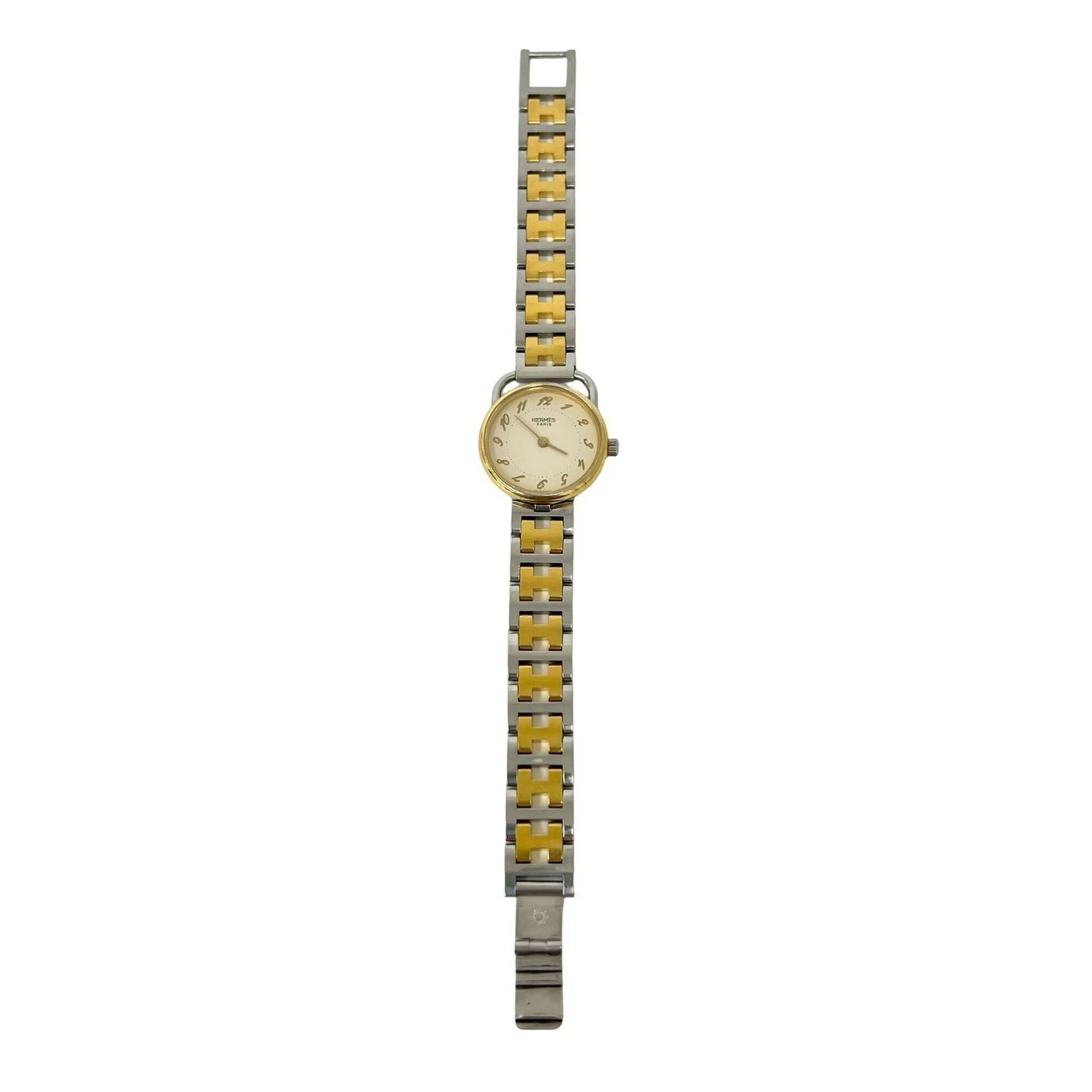 HERMES Arceau H Logo Belt Stainless Steel GP Quartz Wristwatch Silver