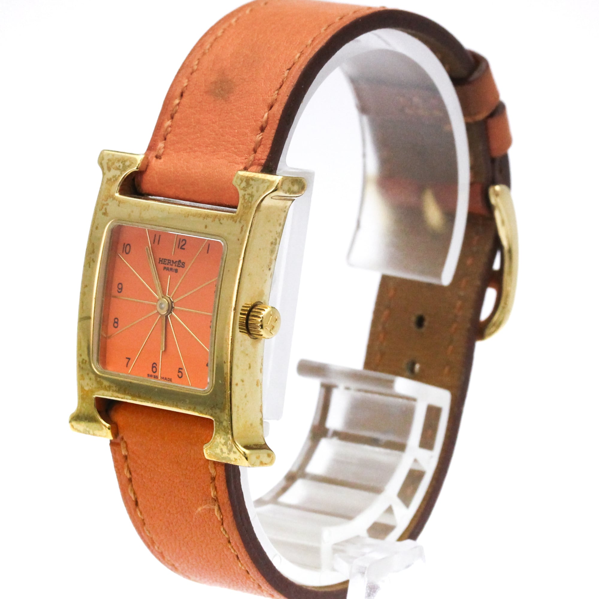 HERMES H Watch Gold Plated Leather Quartz Ladies Watch HH1.201