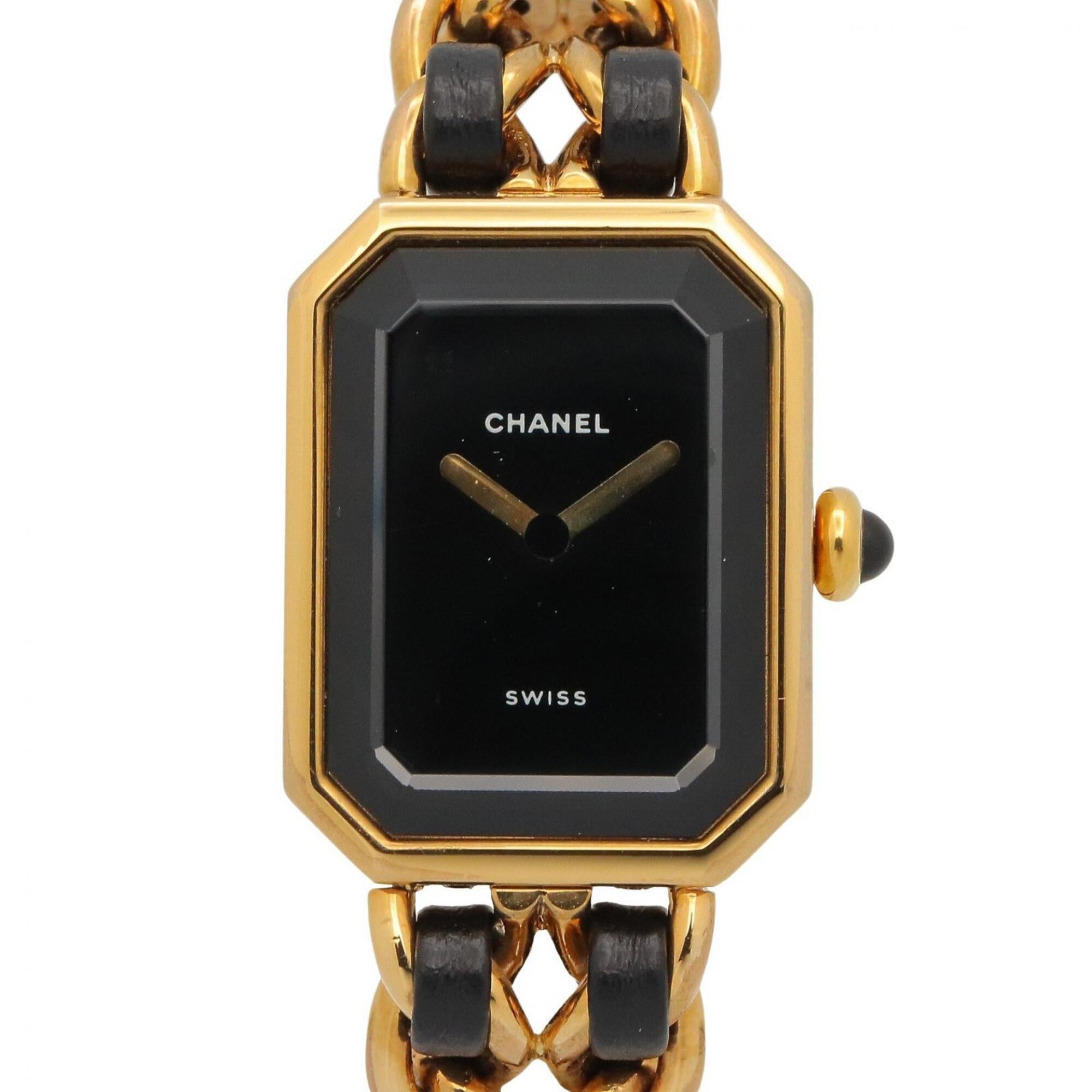 Chanel CHANEL Première S Watch, Gold Plated (GP), Leather Strap, Women's, Black, H0001