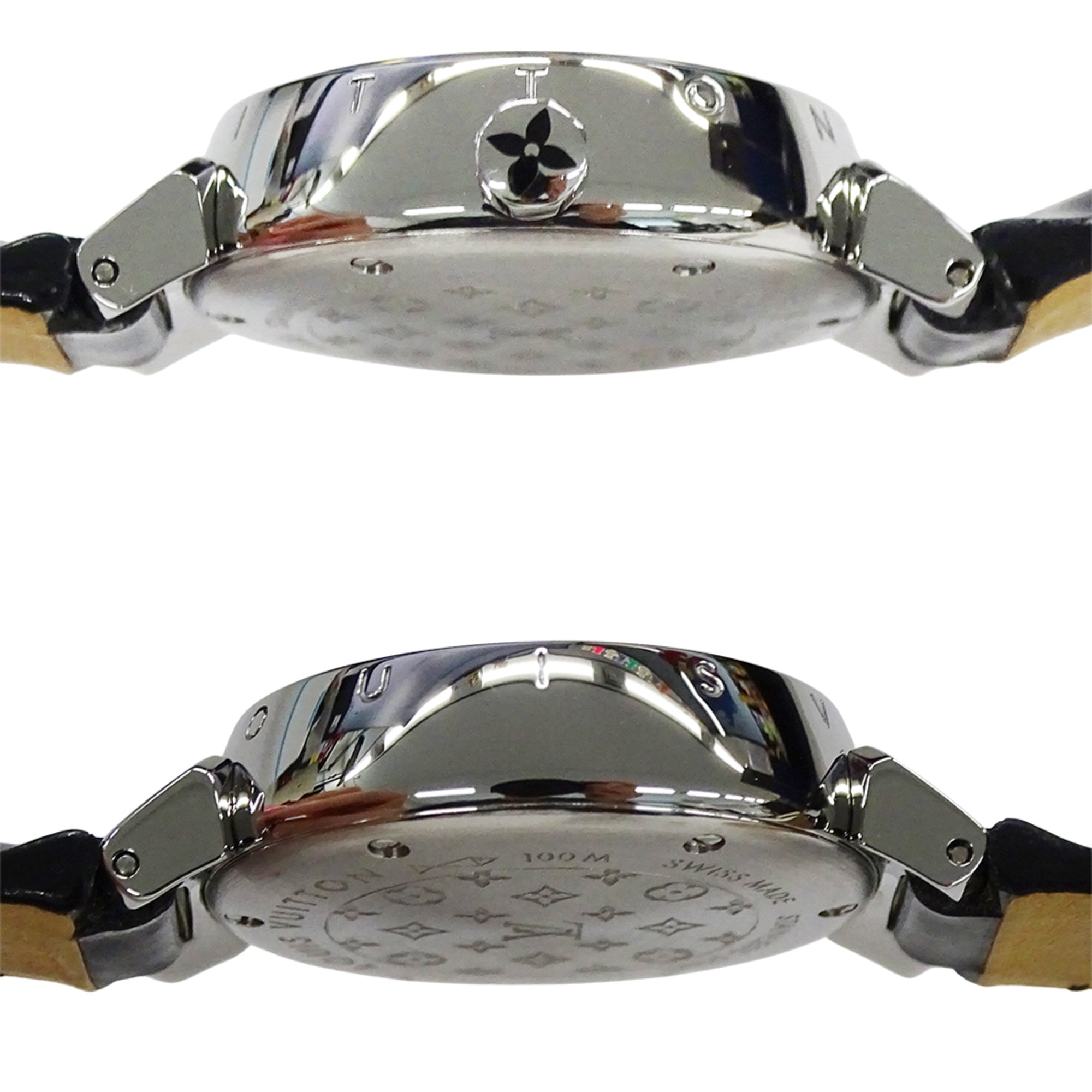 Louis Vuitton LOUIS VUITTON Montre pour femme Tambour Forever Diamond Quartz QZ Acier inoxydable SS Cuir Q12M5 Argent Noir
