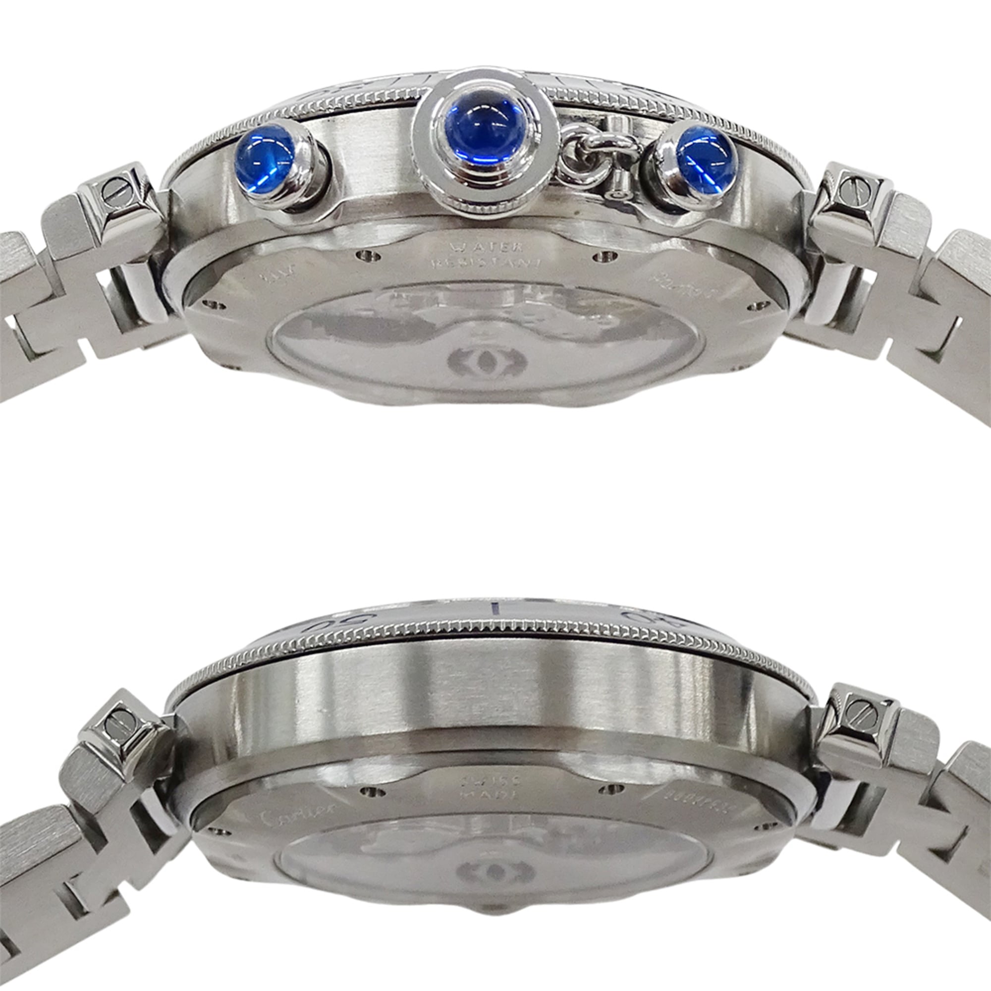 Cartier Pasha Chronograph automatisch herenhorloge, roestvrij staal (SS) W31030H3, zilverkleurig, met open achterkant.