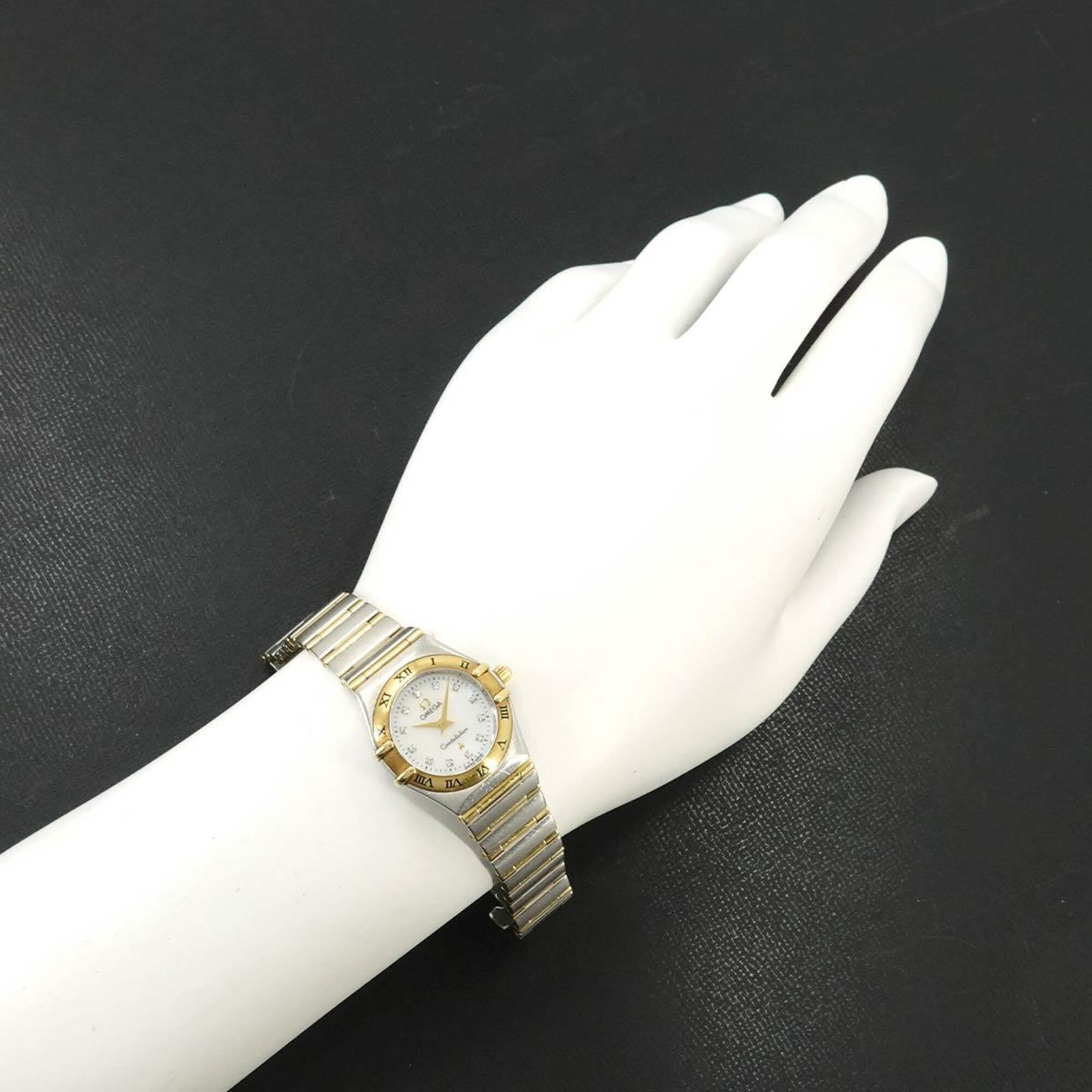 Omega Constellation Mini Combination 1262 75 Ladies' with 12 Diamonds White Shell Yellow Gold Quartz Movement