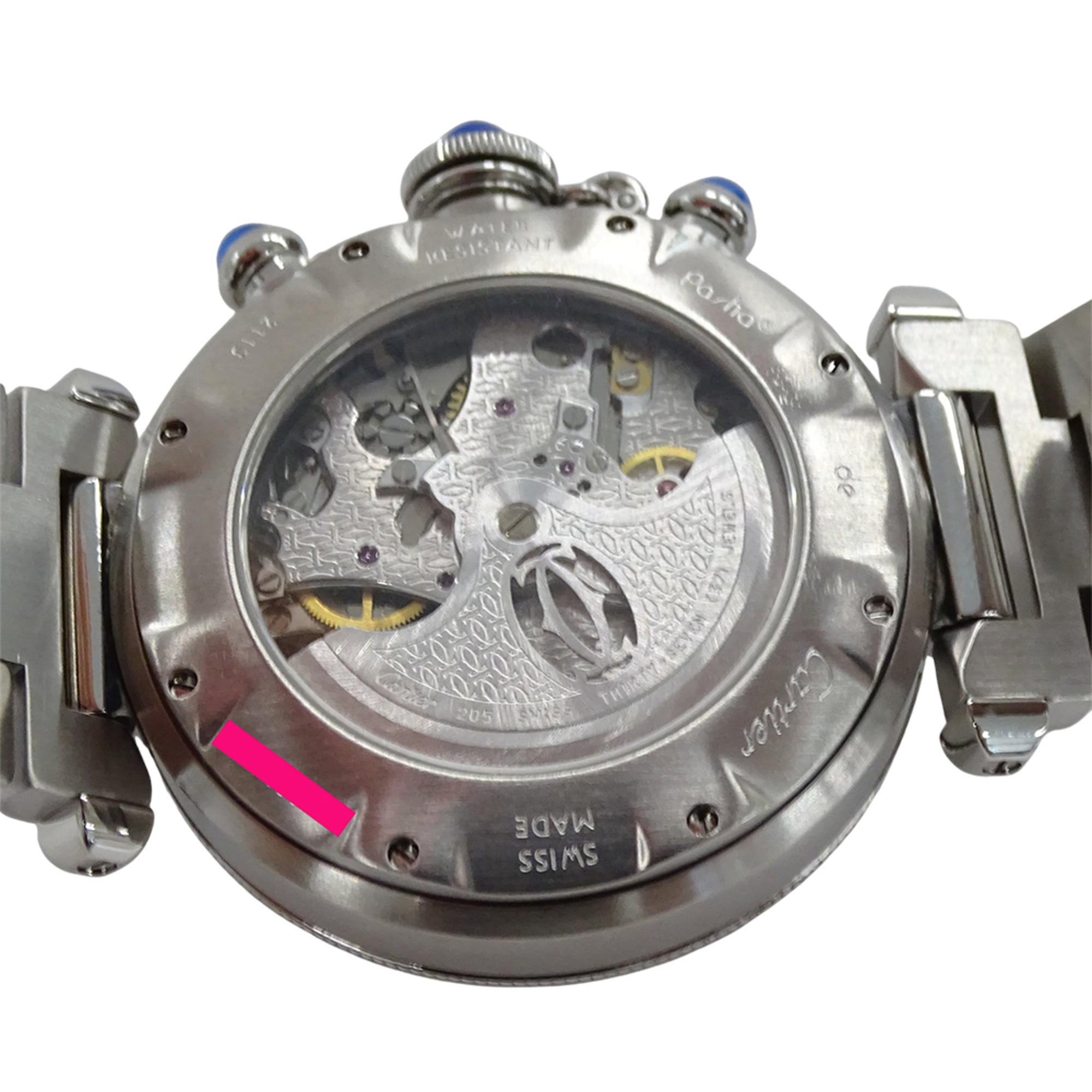 Cartier Pasha Chronograph automatisch herenhorloge, roestvrij staal (SS) W31030H3, zilverkleurig, met open achterkant.