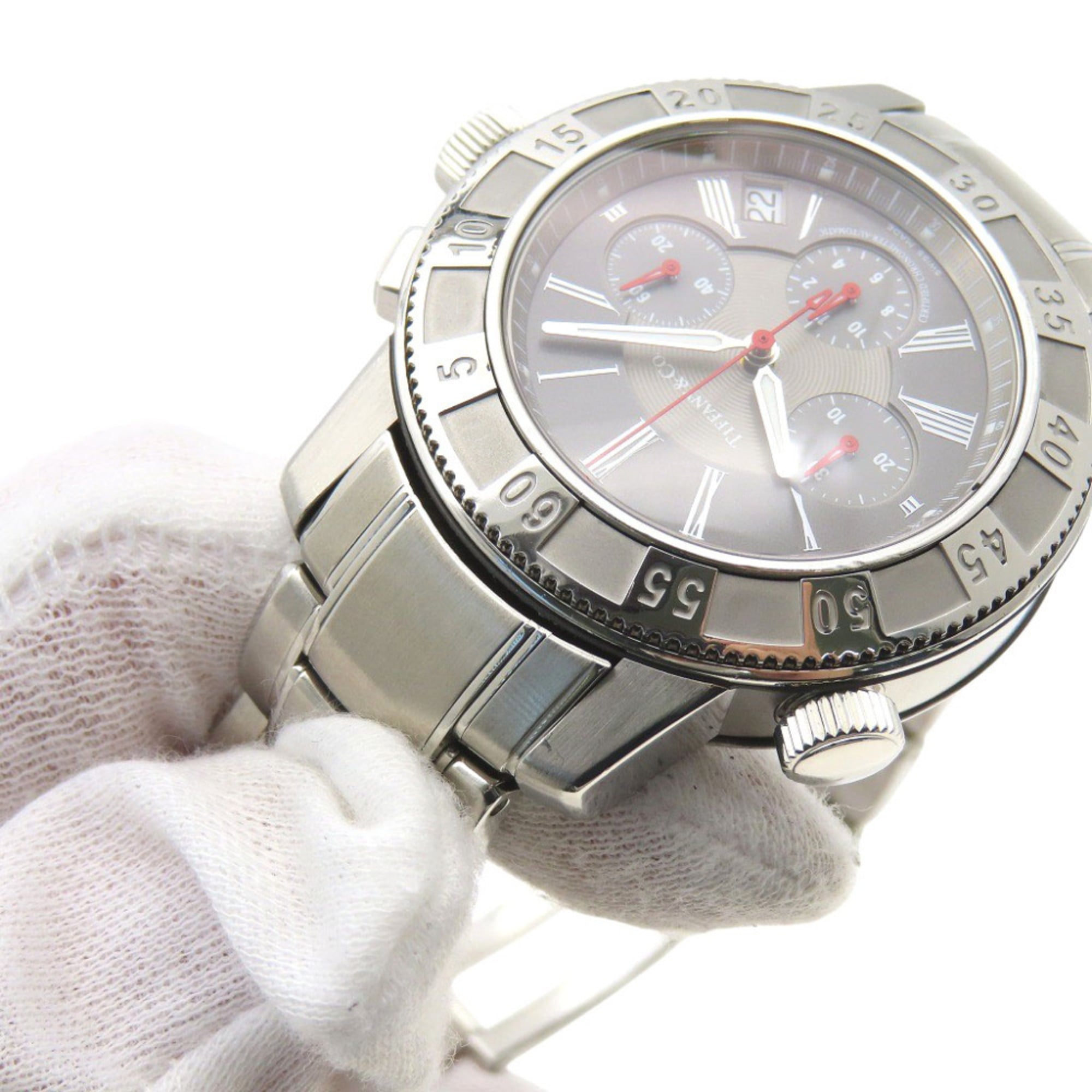 Tiffany & Co. T-57 chronograafhorloge met doorzichtige achterkant, automatisch, roestvrij staal, grijs, 0201, TIFFANY Co., heren
