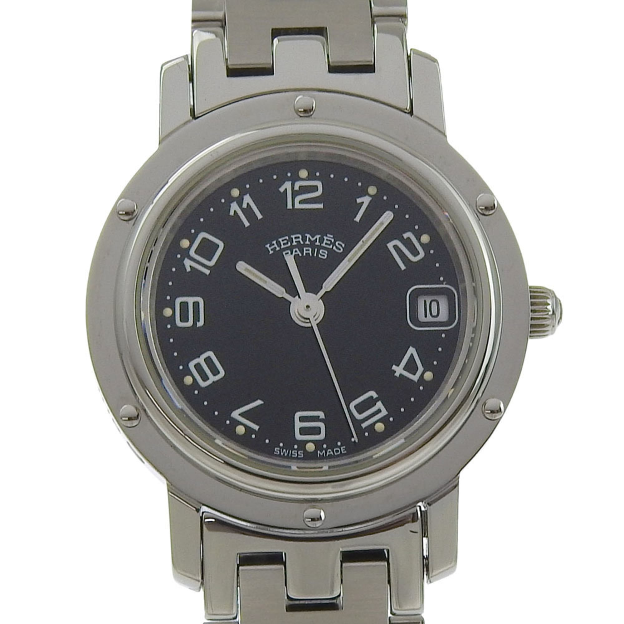 Hermes Clipper watch CL4.210, stainless steel, quartz, analog, black dial, women's.