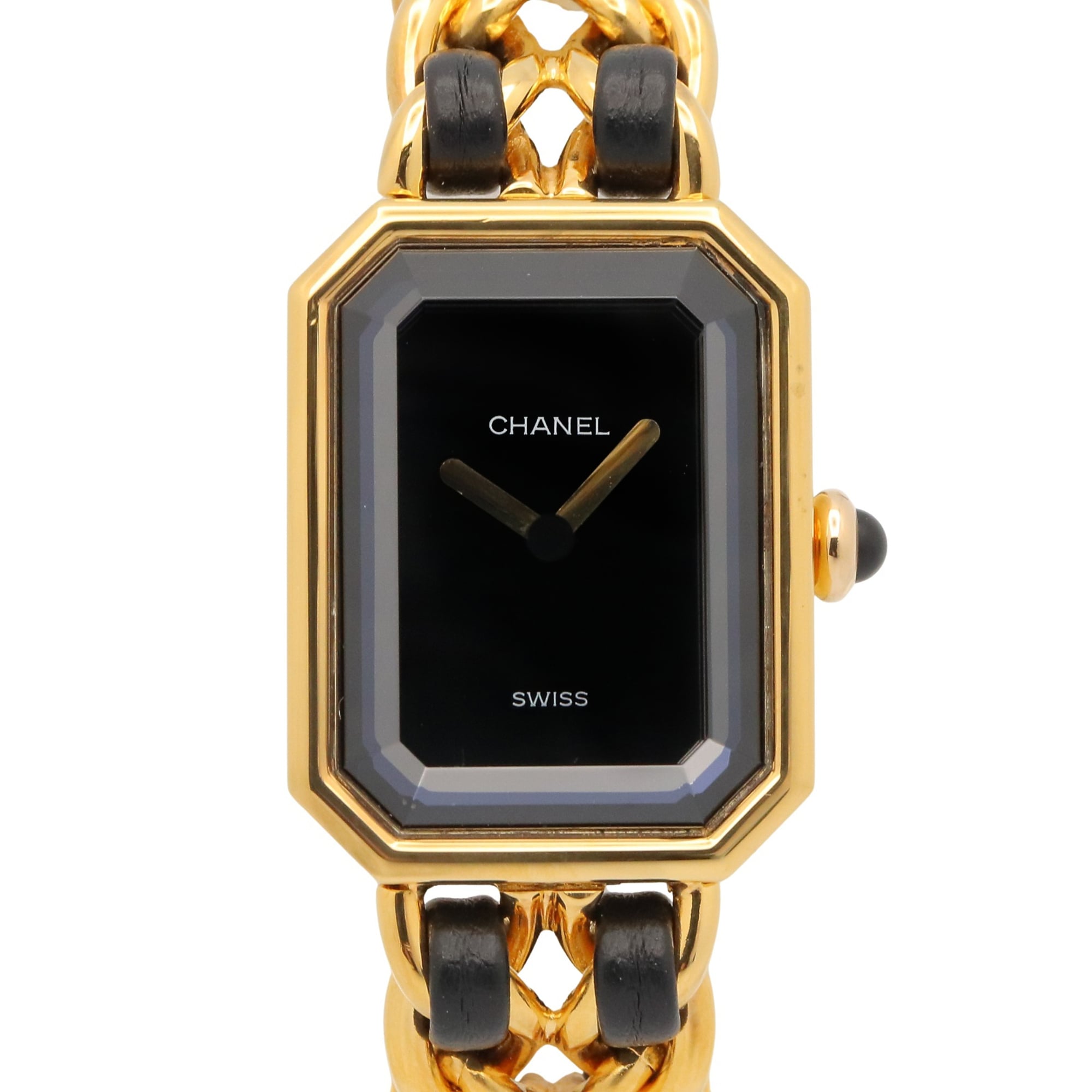 Chanel CHANEL Première S Watch, Gold Plated (GP), Leather Strap, Women's, Black, H0001