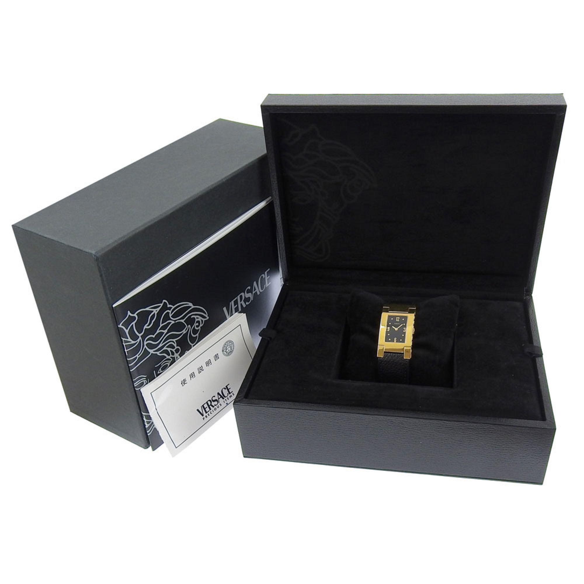 Versace VERSACE ALQ90 Rechthoekig zwart wijzerplaat GP/leer quartzhorloge op batterijen voor dames