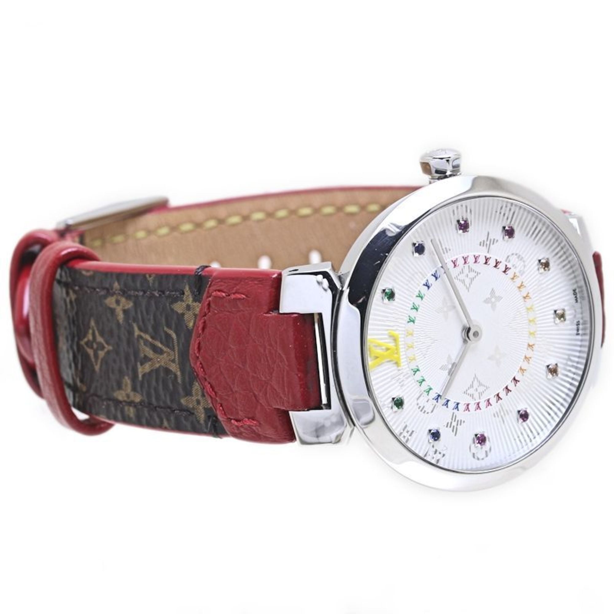 LOUIS VUITTON Tambour MM Damenuhr mit regenbogenfarbenen Steinen, Modell QA159Z, Artikelnummer 40091