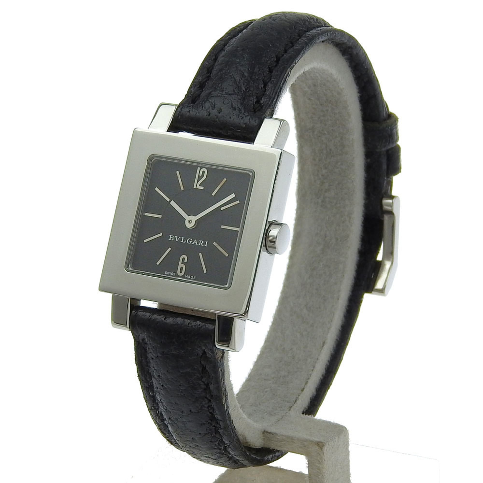 BVLGARI Quadrado SQ22SL Women's Watch, Stainless Steel and Leather, Quartz Movement, Analog Display, Black Dial