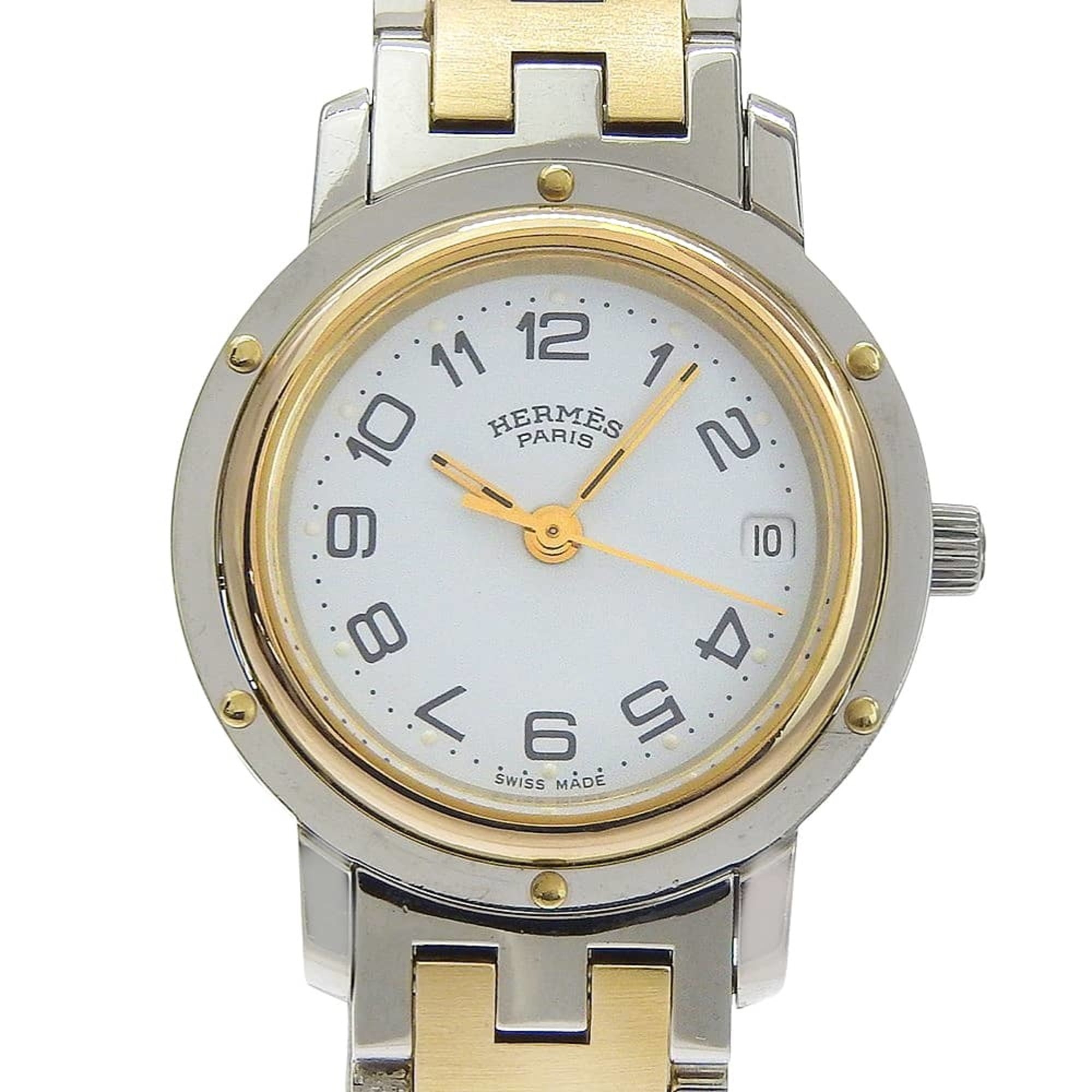 Hermes Clipper watch CL3.240, stainless steel, quartz, analog, white dial, women's.