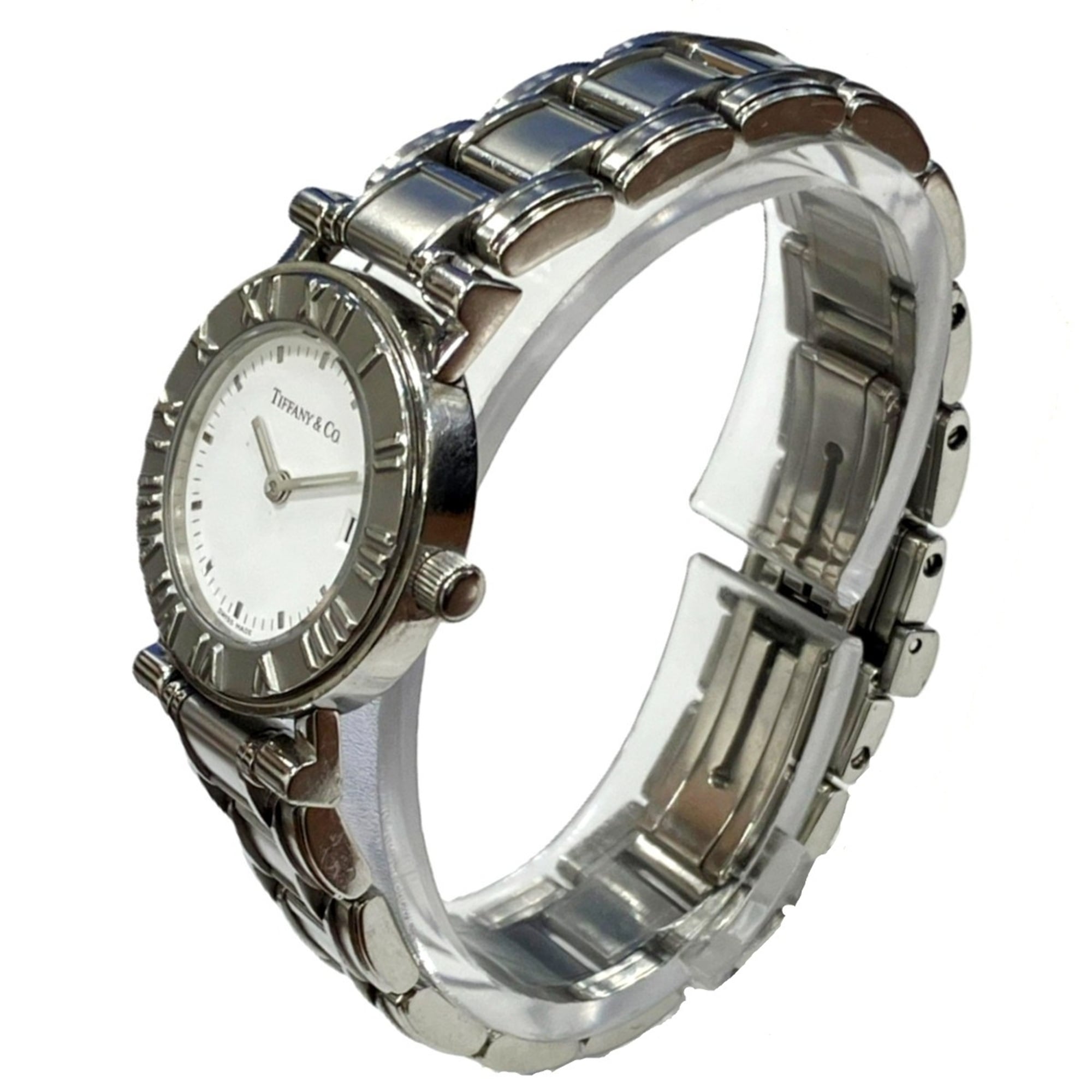 Tiffany & Co. Atlas watch, total weight 53.8g, stainless steel, quartz movement, white dial.