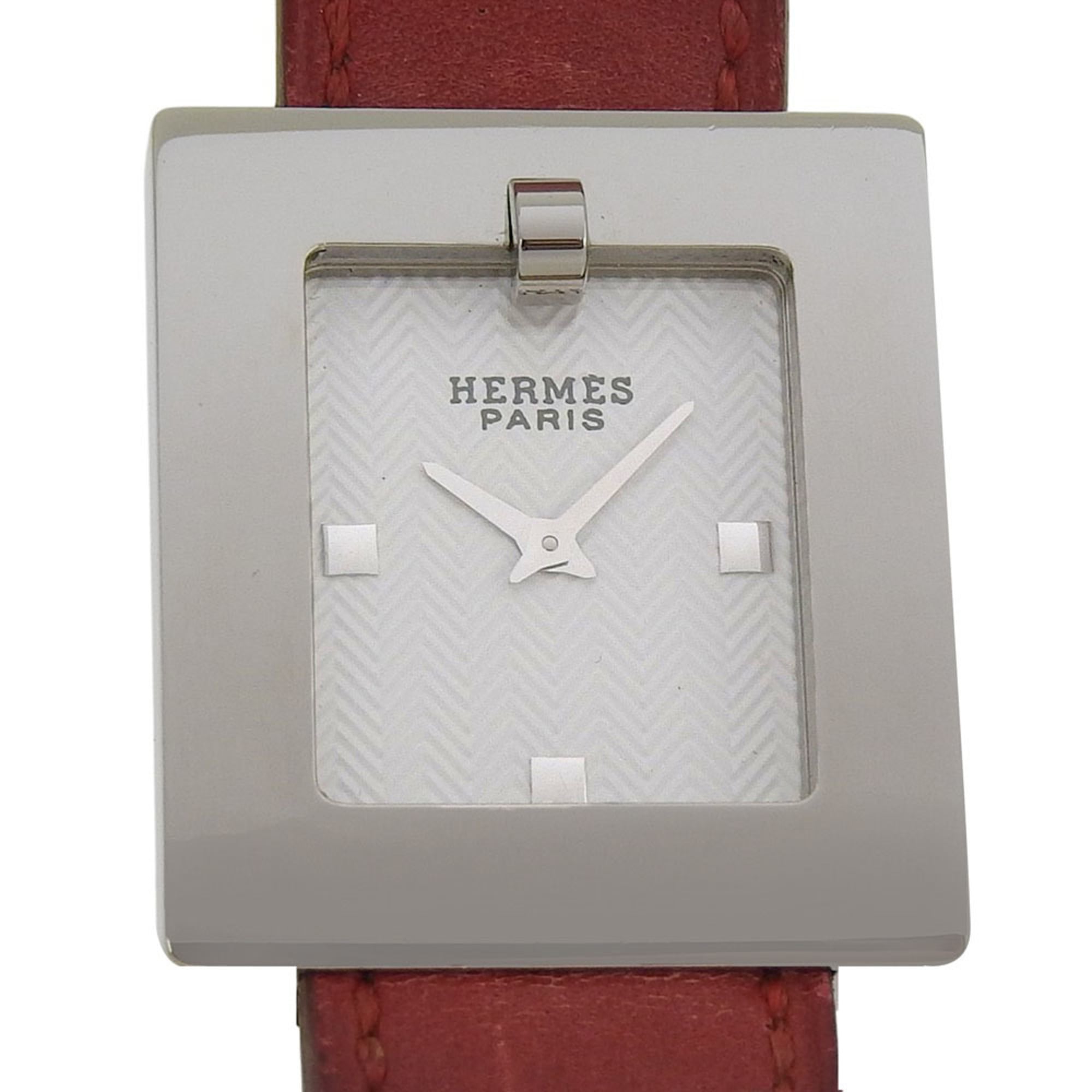 Hermès BE1.210 Women's Stainless Steel and Leather Strap Watch with Quartz Movement, Analog Display, White Dial