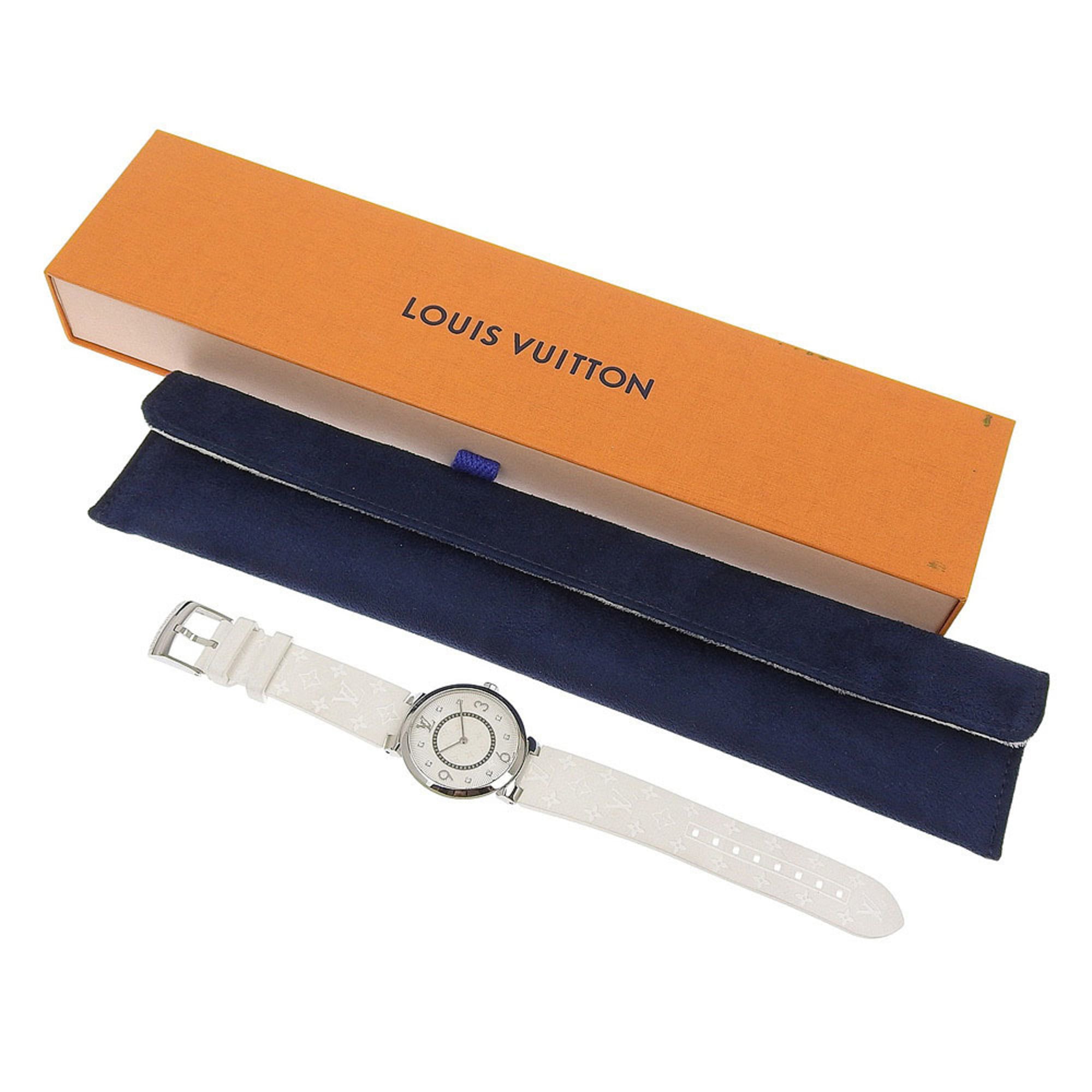 Zo goed als nieuw Louis Vuitton Tambour MM Q13MJ horloge met witte wijzerplaat en 8 diamanten, roestvrijstalen en rubberen kast, quartz uurwerk, 33 mm