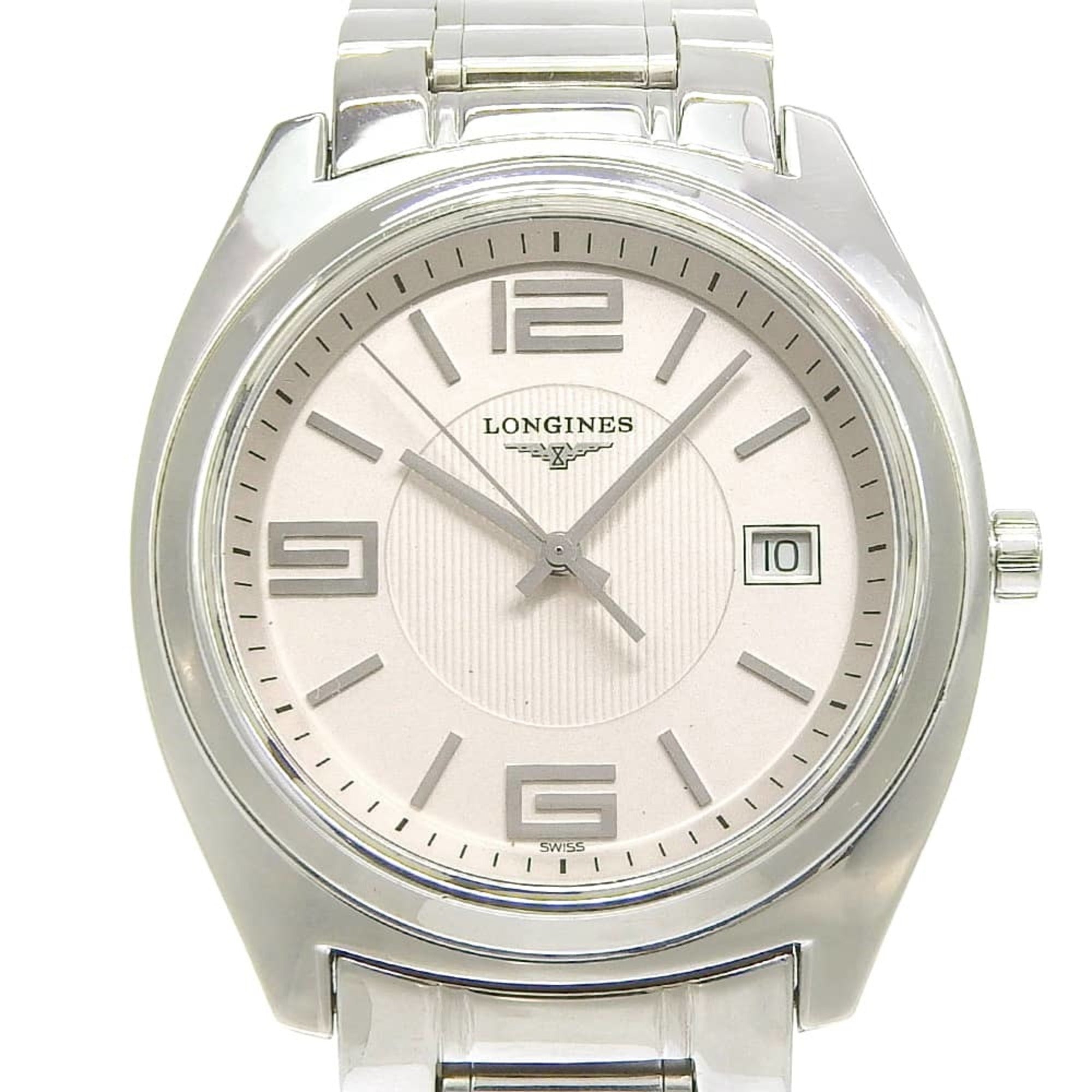 Longines Conquest watch L3.632.4, stainless steel, silver, quartz, analog, white dial, men's.